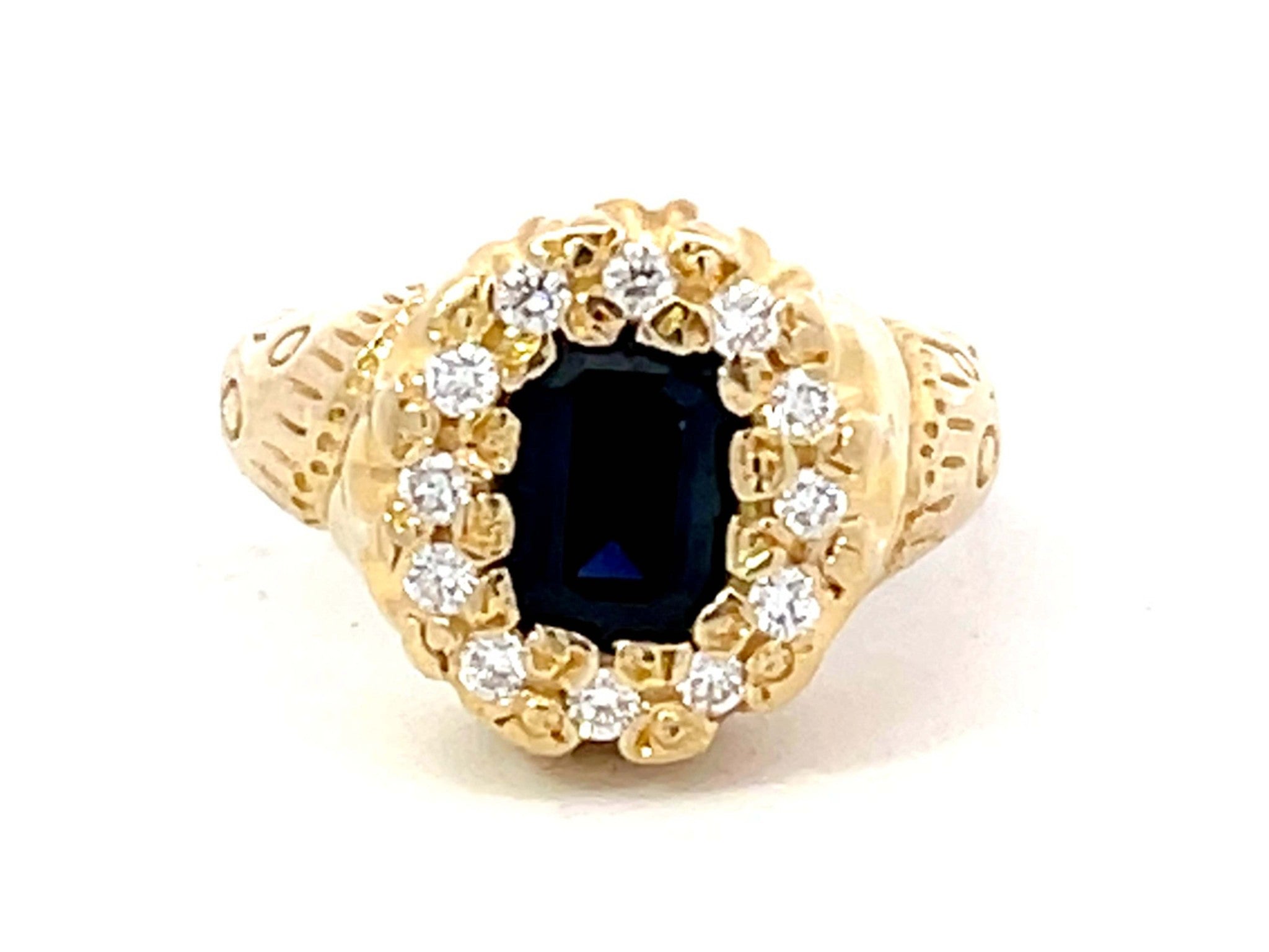 Vintage Sapphire and Diamond Halo Ring in 14k Yellow Gold