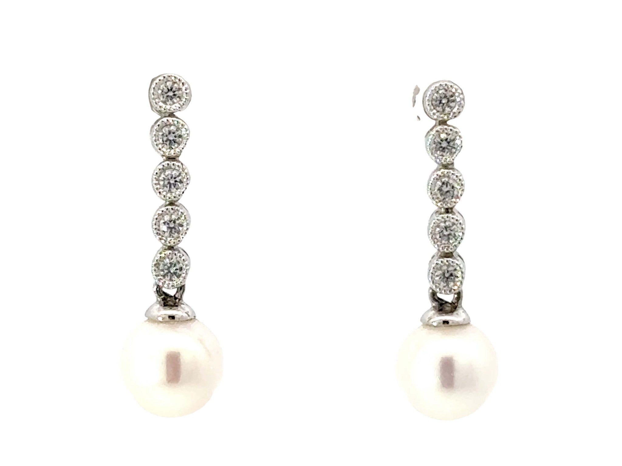 Dangly Diamond Pearl Drop Earrings 14K White Gold