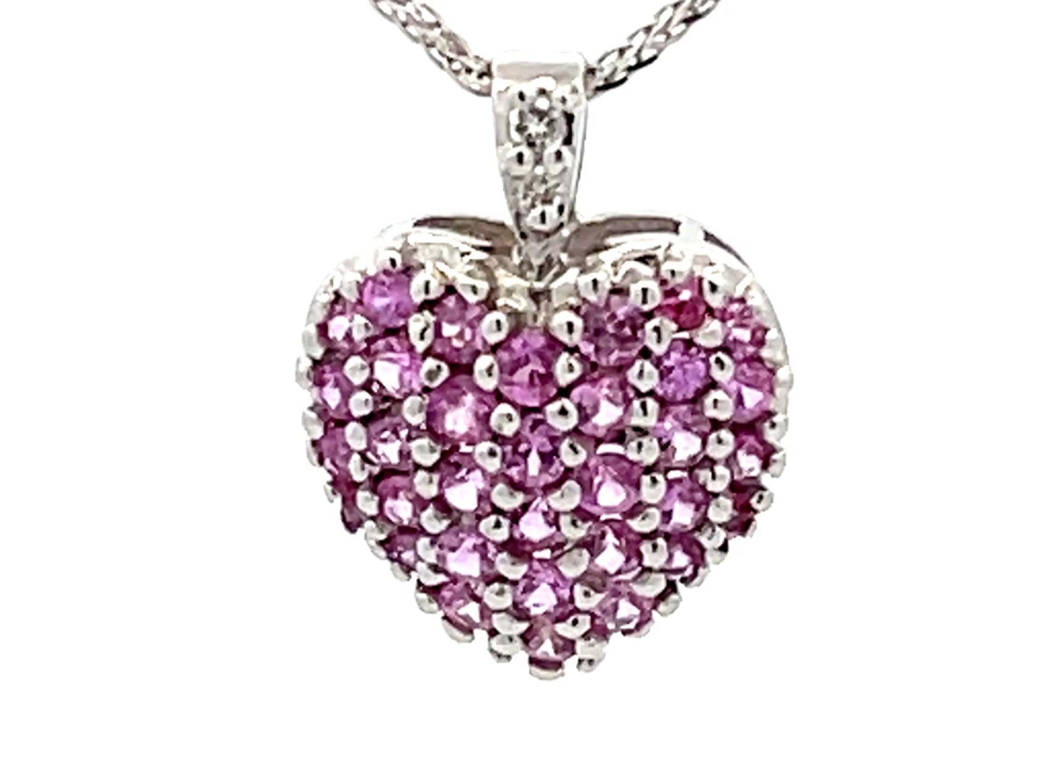 Pink Topaz and Diamond Heart Necklace 14K White Gold