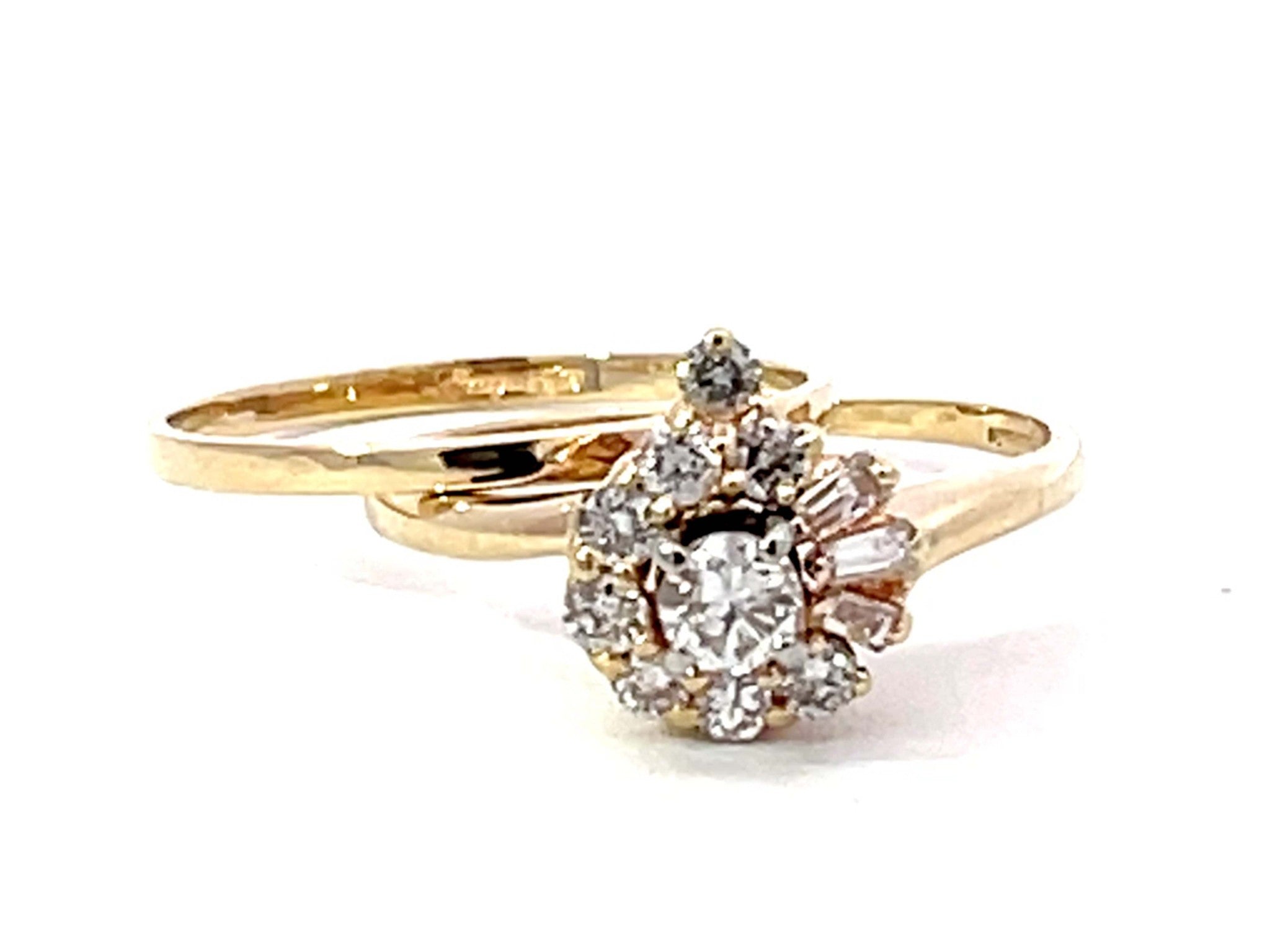 Diamond Flower Double Band Ring Solid 14K Yellow Gold