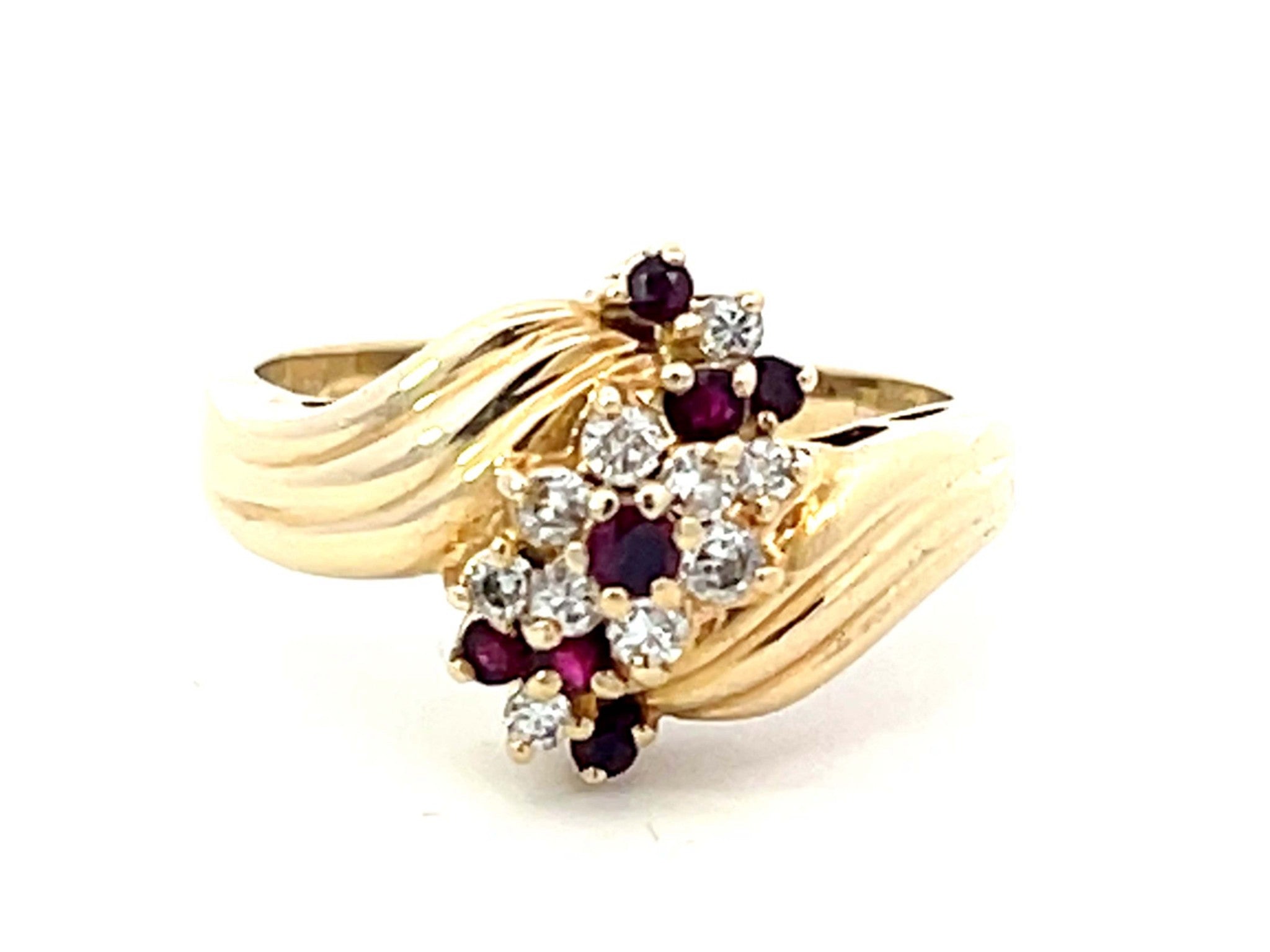 Ruby Diamond Cluster Twist Ring in 18k Yellow Gold