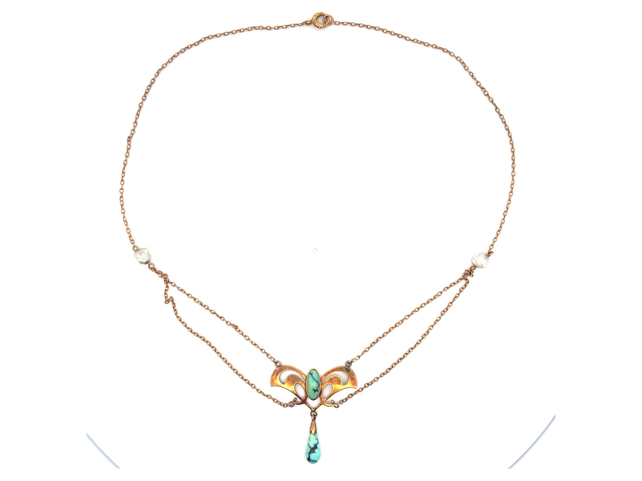 Vintage Art Nouveau Baroque Pearl and Turquoise Necklace 10K Rose Gold