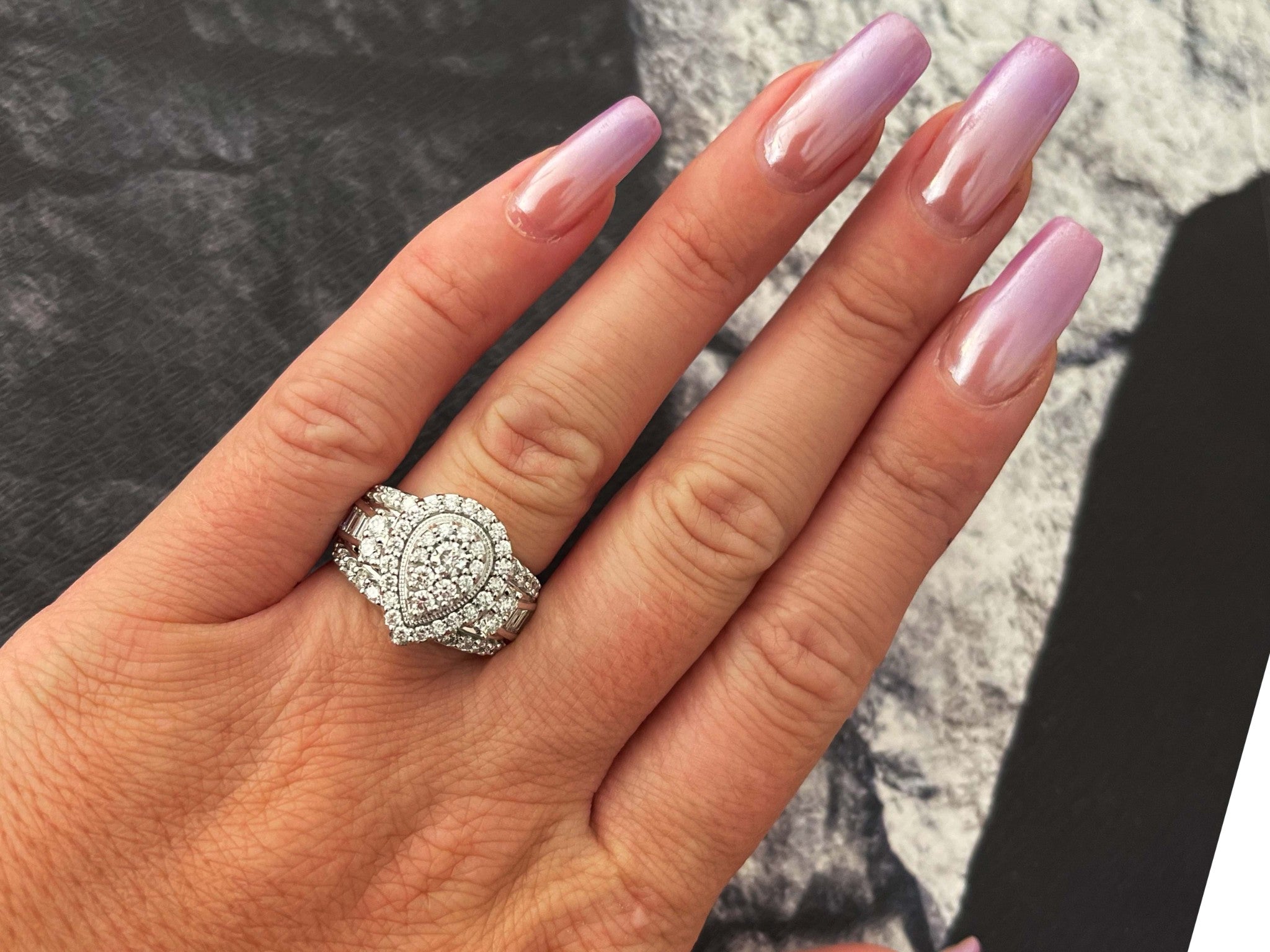 Pear Shaped Brilliant Diamond Cluster Engagement Ring 14K White Gold