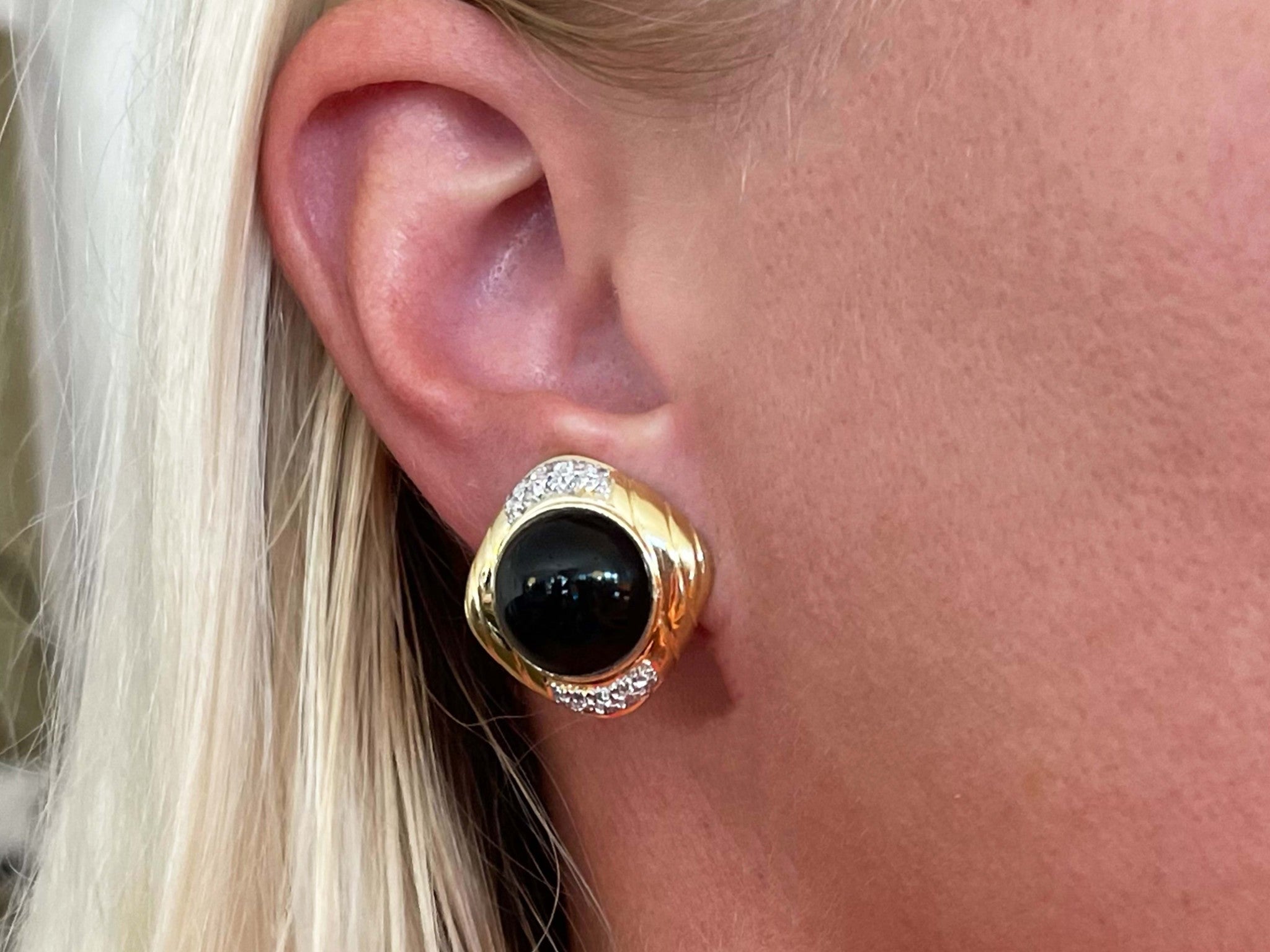 Black Onyx and Diamond Earrings in 14k Yellow Gold