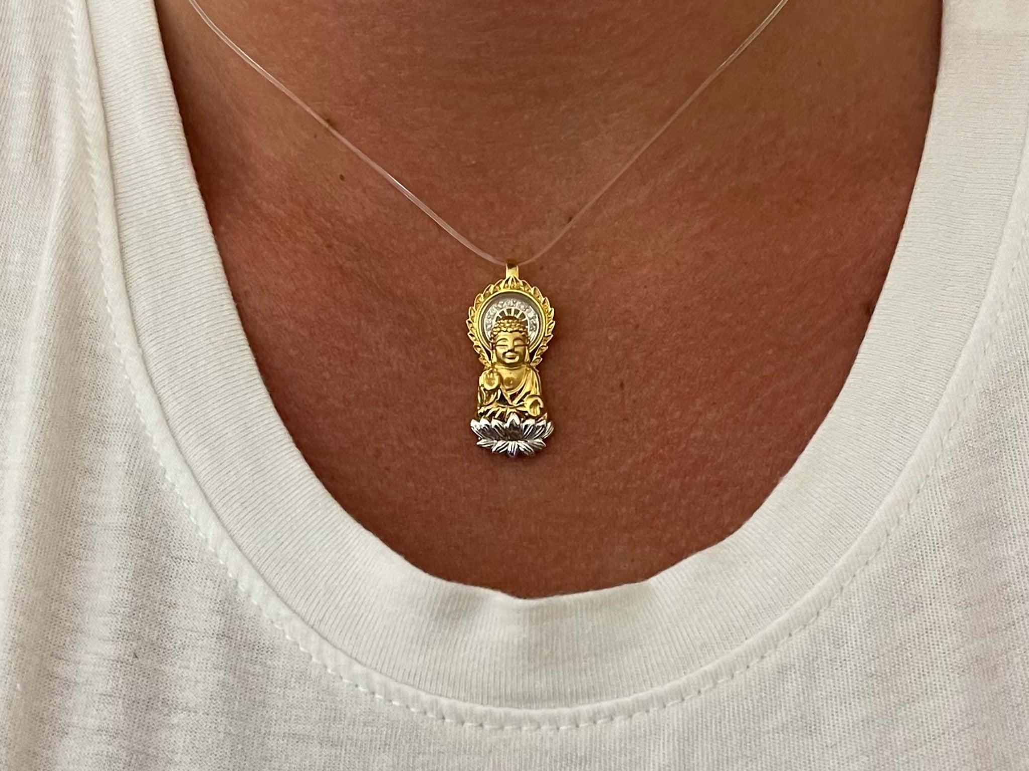 Buddha on Lotus Diamond Pendant in 18k Yellow and White Gold