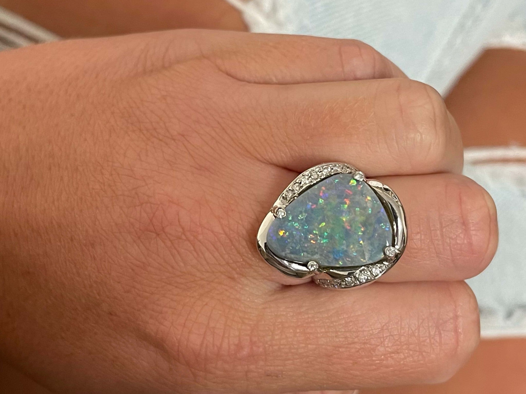 Freeform Black Opal Triangle and Diamond Ring in 18k White Gold