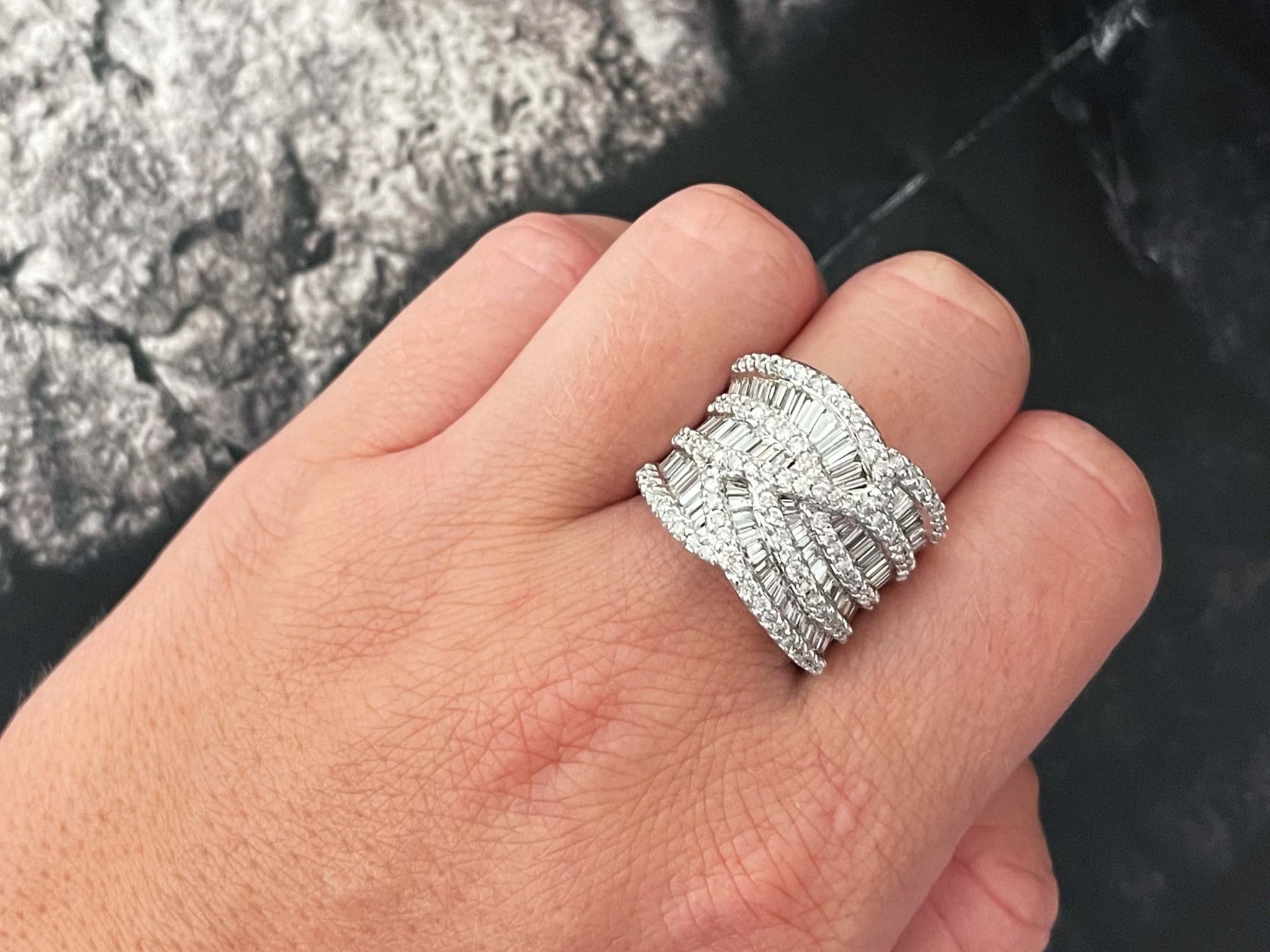 Baguette and Round Diamond Saddle Criss Cross Ring in 18k White Gold