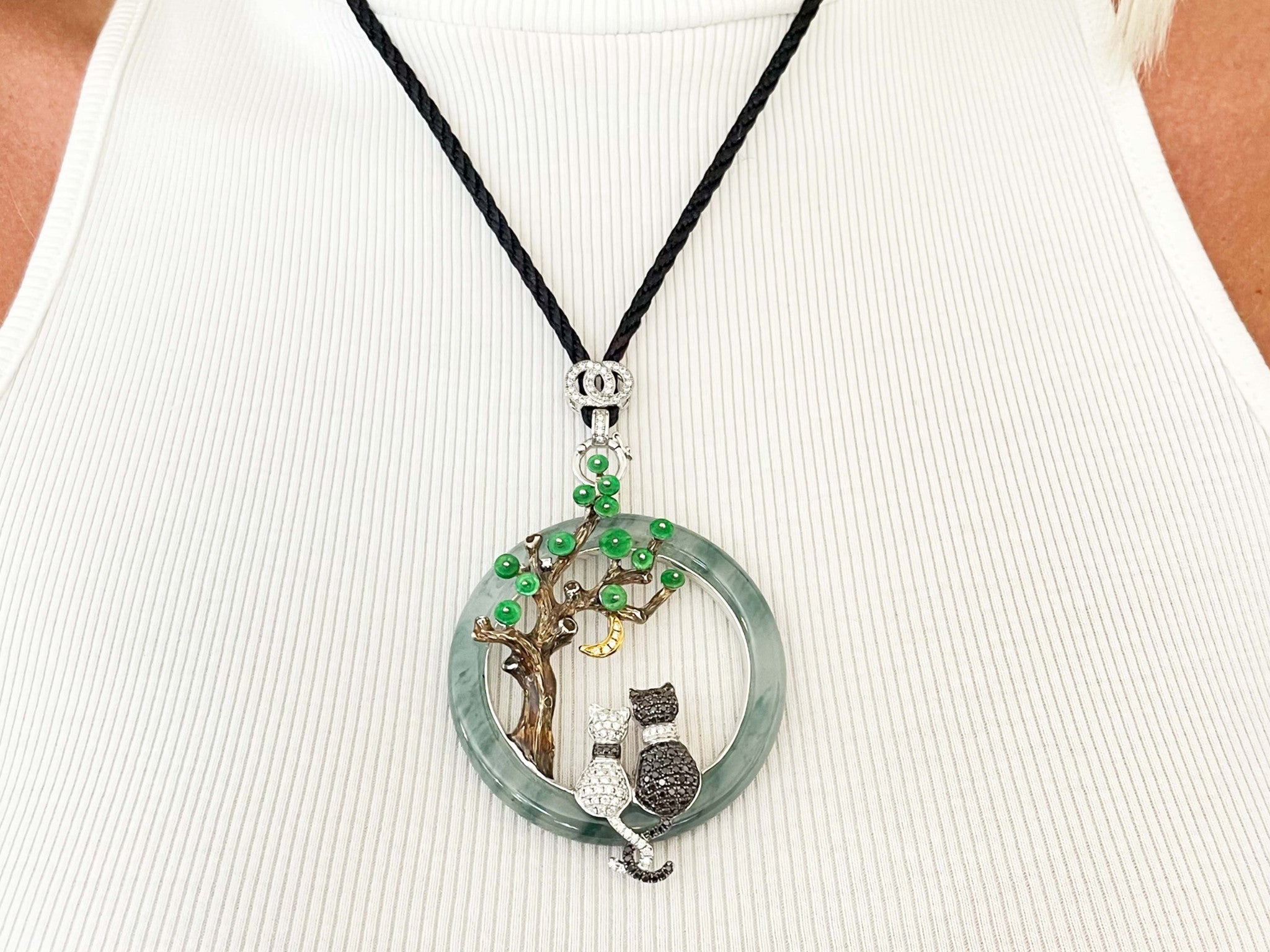 Unique Large Round Jade and Diamond Cat Lovers Pendant in 18K White Gold
