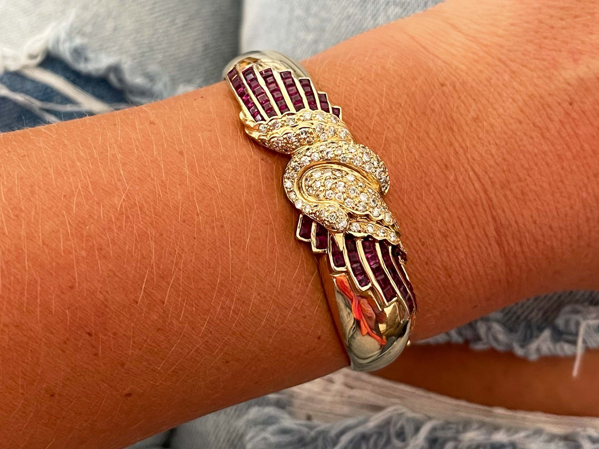 Diamond Swan and Ruby Bangle in 14k Yellow Gold