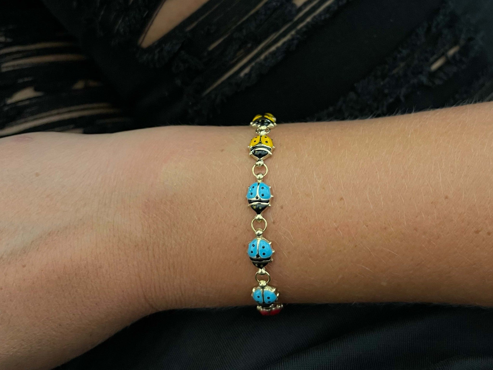 Colorful Enamel Ladybug Bracelet in 14k Yellow Gold