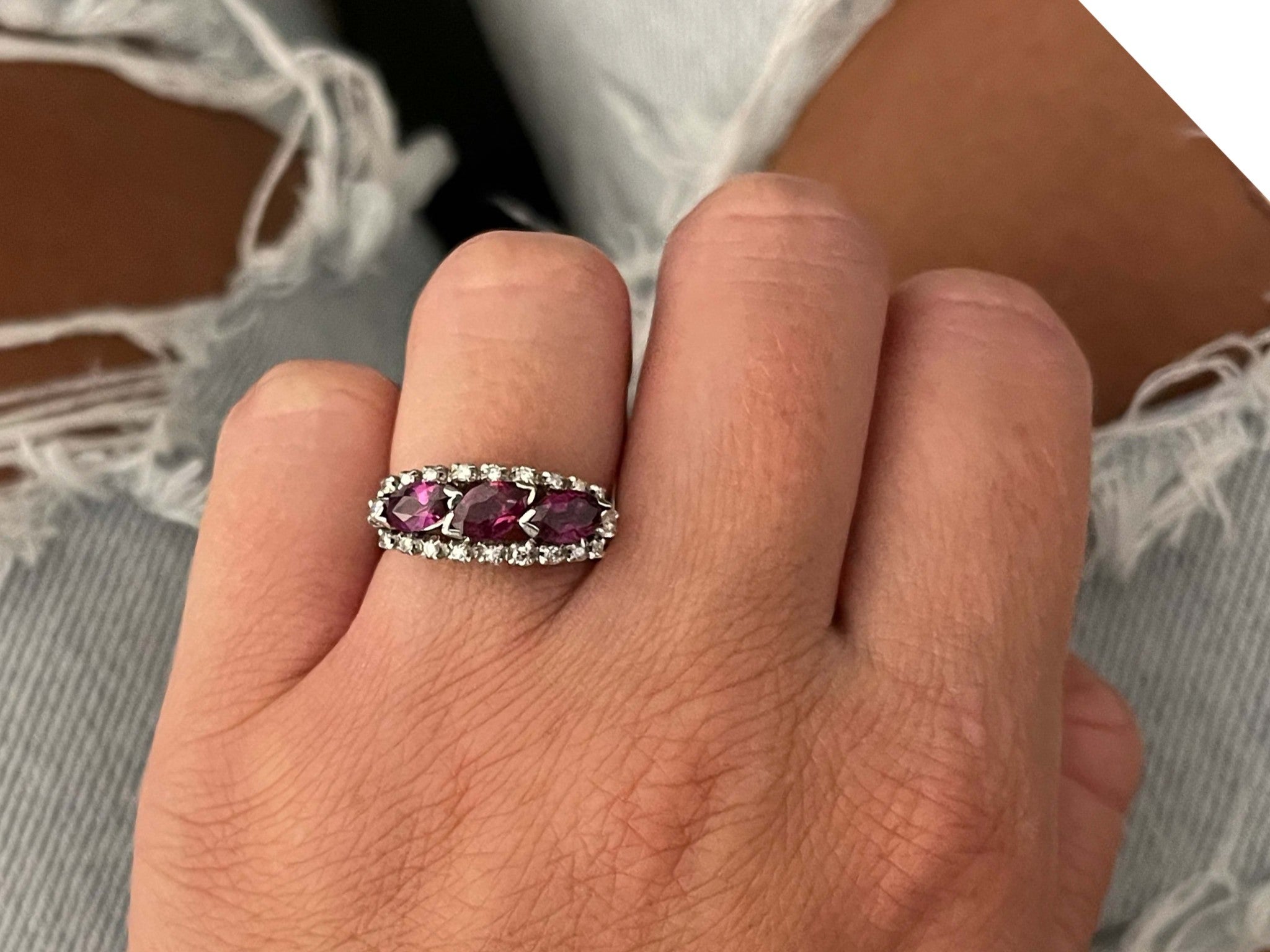 Three Marquis Red Rubies and Diamond Halo Ring in 18k White Gold