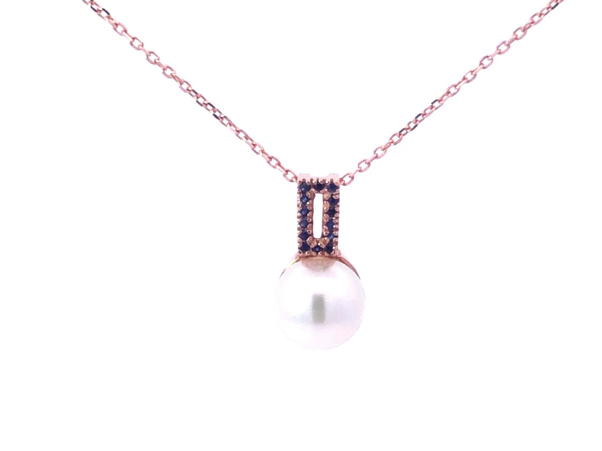 White Pearl & Sapphire Pendant With Chain in 14k Rose Gold