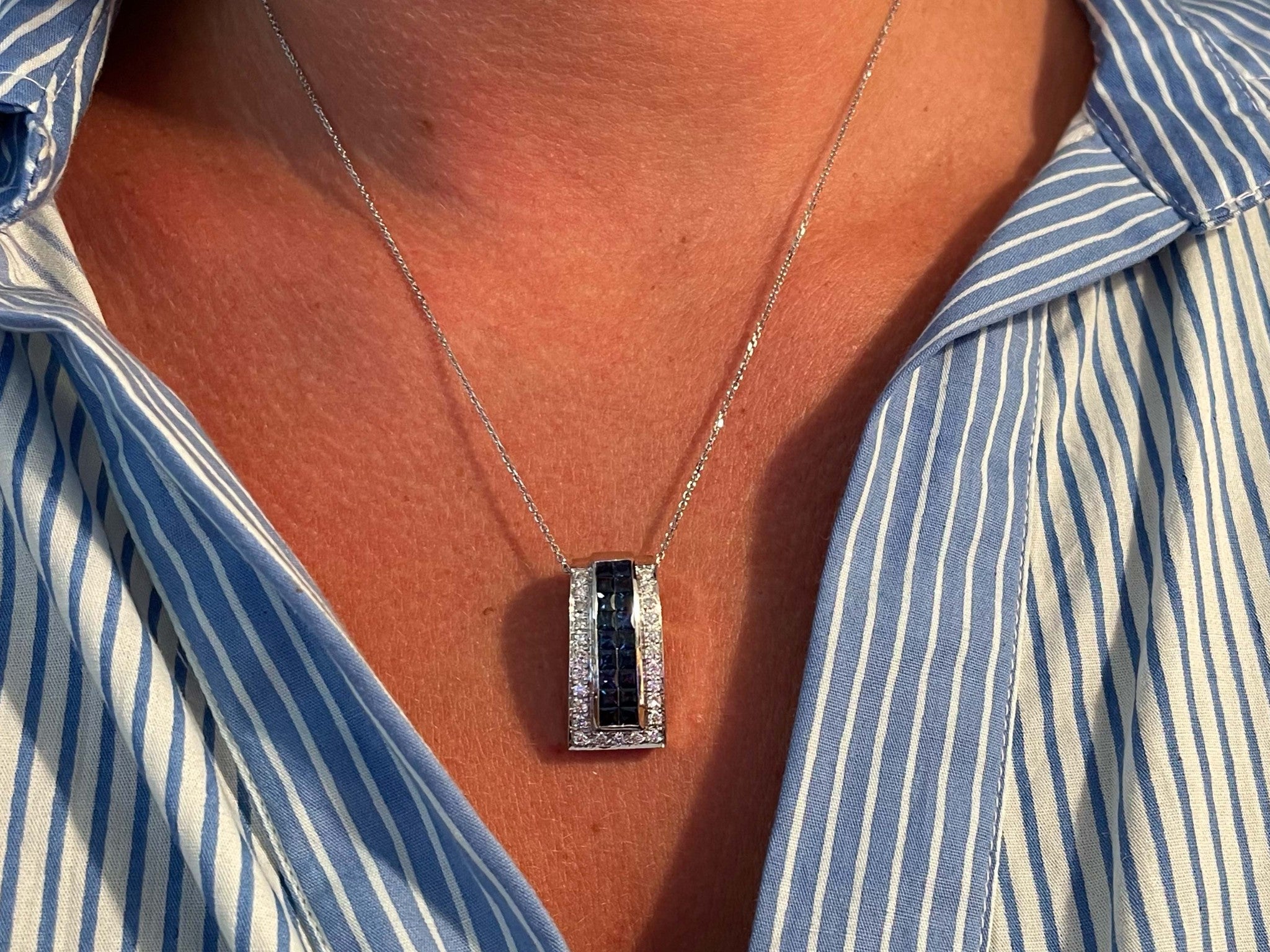 Diamond Sapphire Rectangular Pendant and Chain in 14k White Gold
