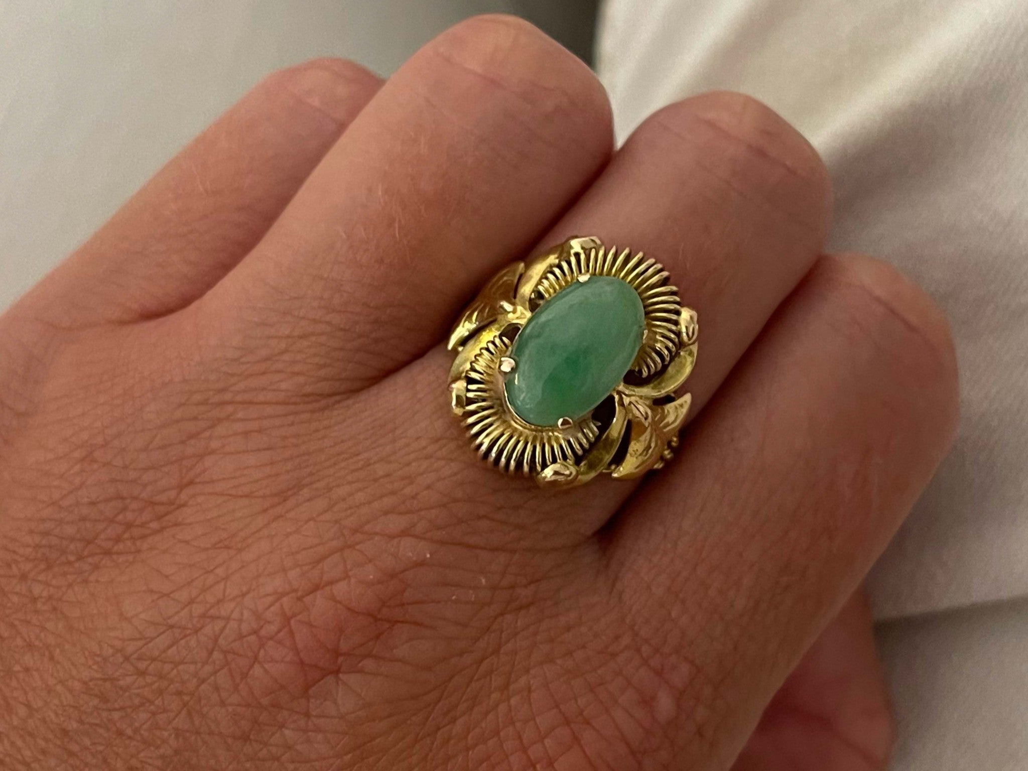 Art Deco Oval Jade Ring in 14K Yellow Gold