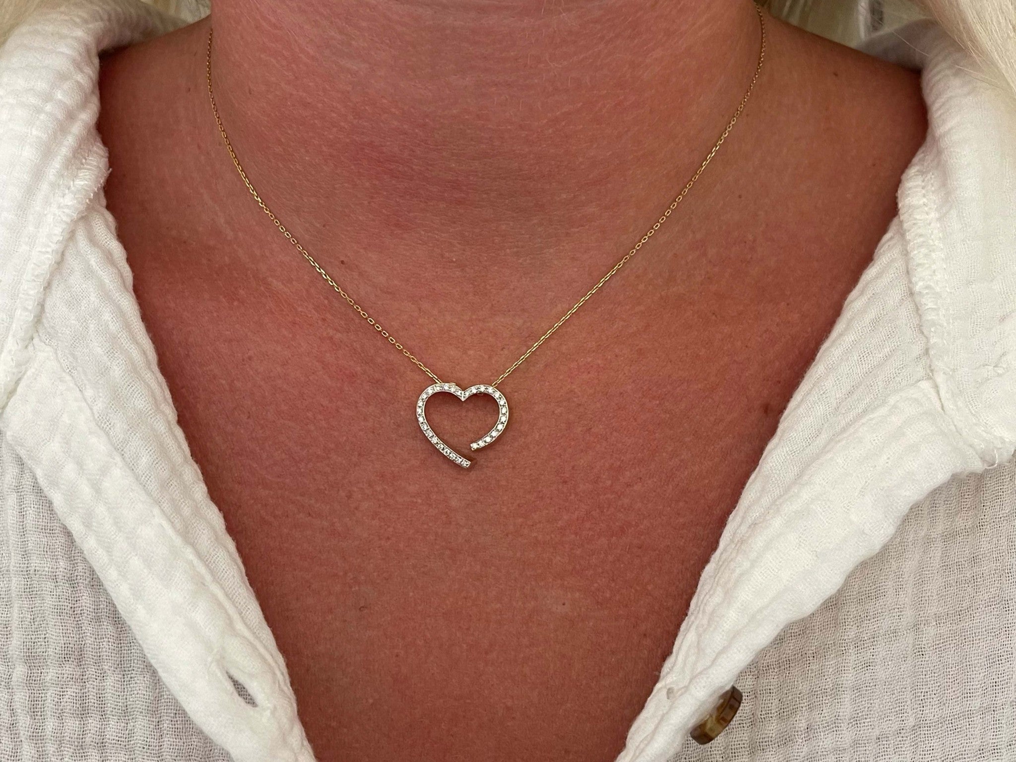 Open Diamond Heart Pendant with Chain in 14k Yellow Gold