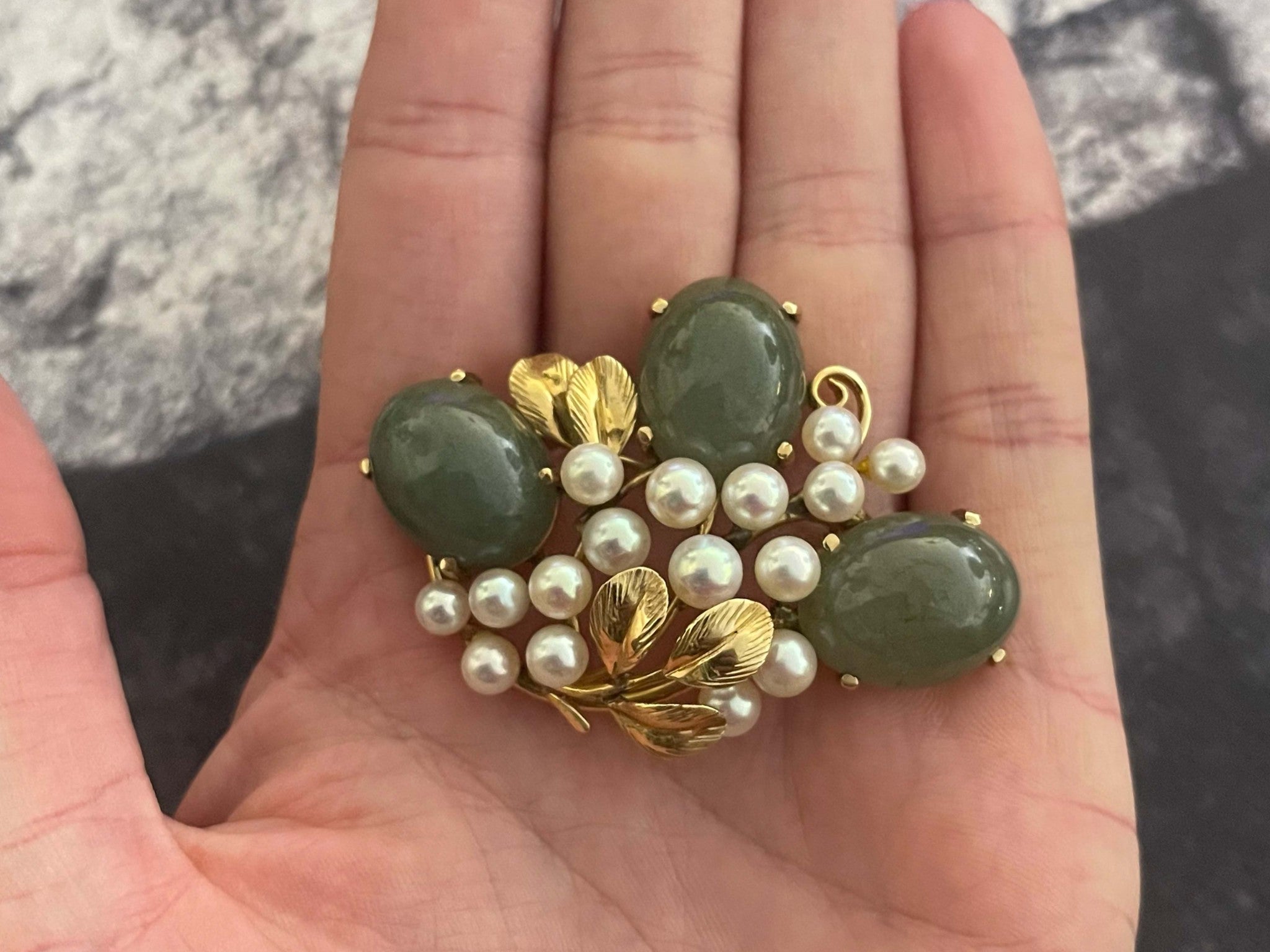 Mings Jade and Pearl Leaf Brooch in 14k Yellow Gold