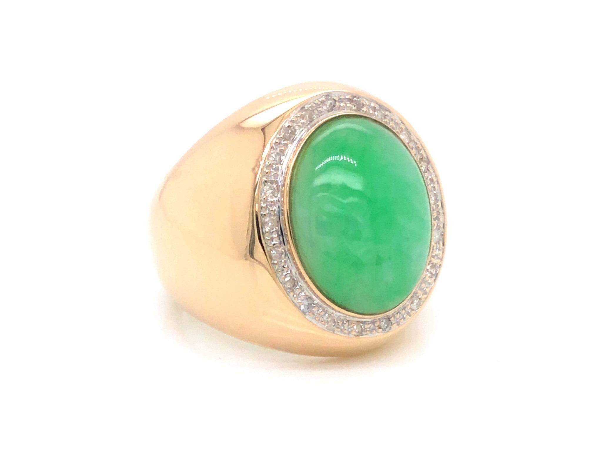 Men's Oval Light Green Jade and Diamond Halo Ring - 14k Yellow Gold