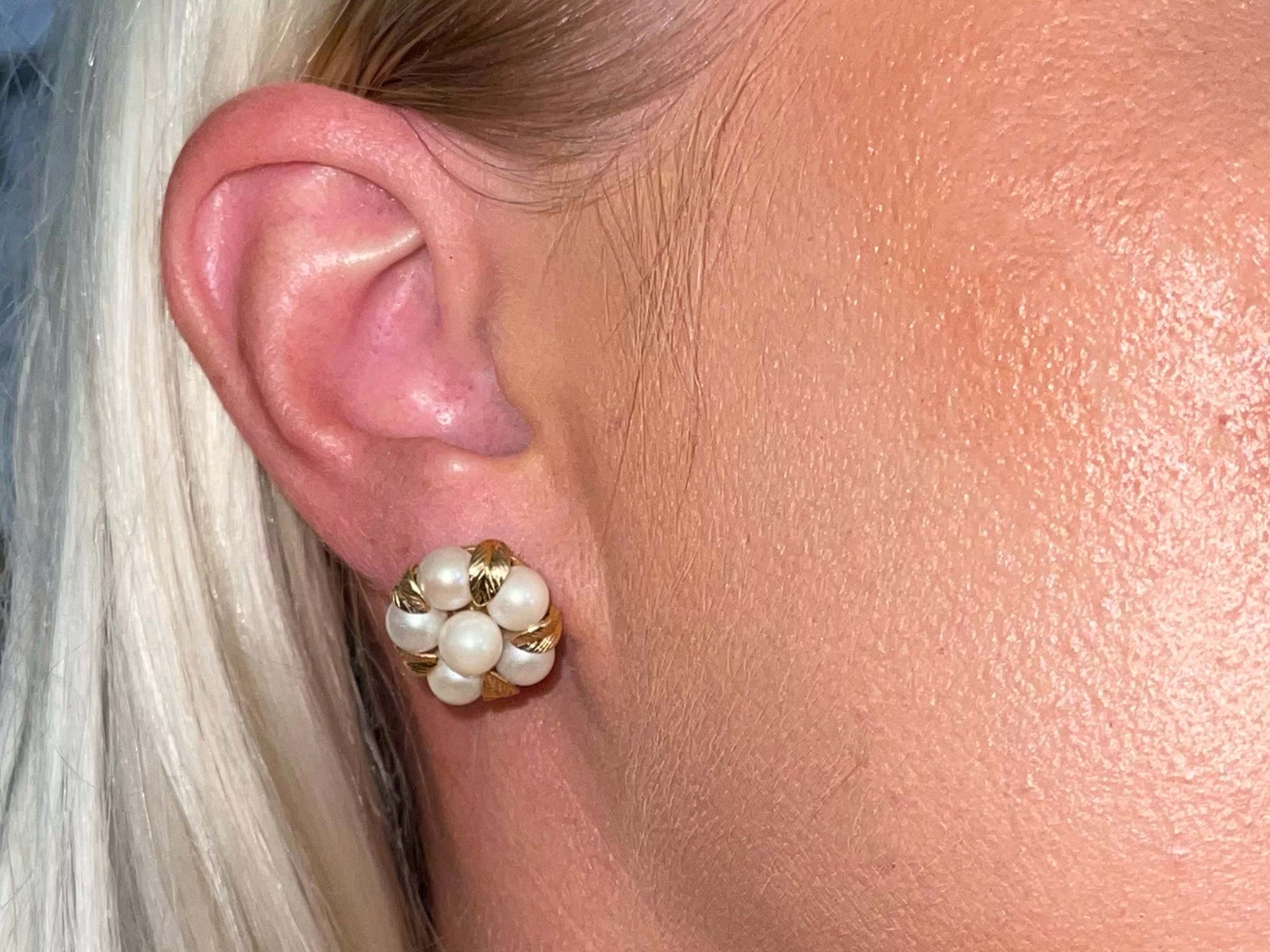 Mings Pearl Flower and Gold Leaf Earrings in 14k Yellow Gold