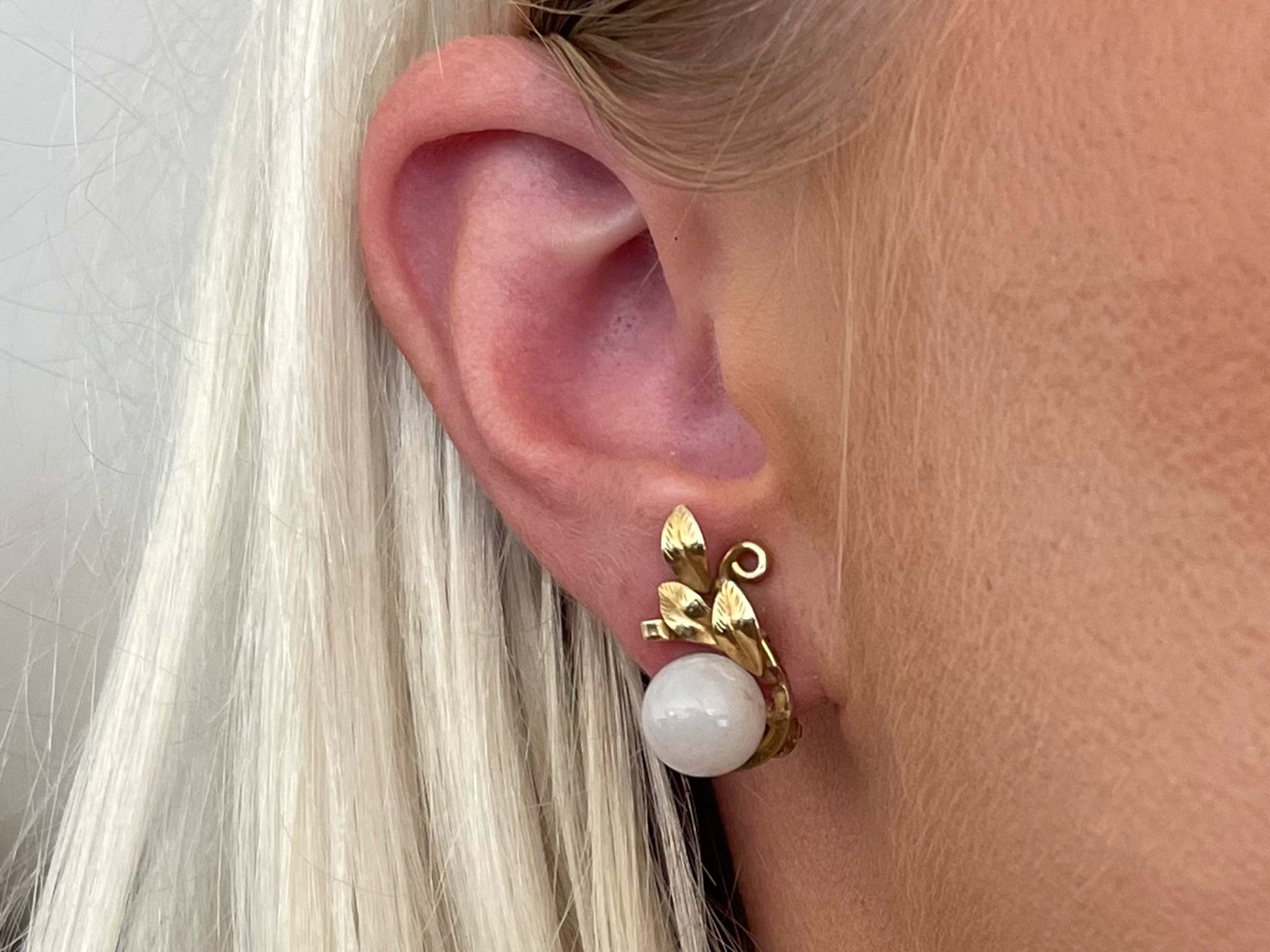 Mings White Jade Sphere and Leaves Clip On Earrings in 14K