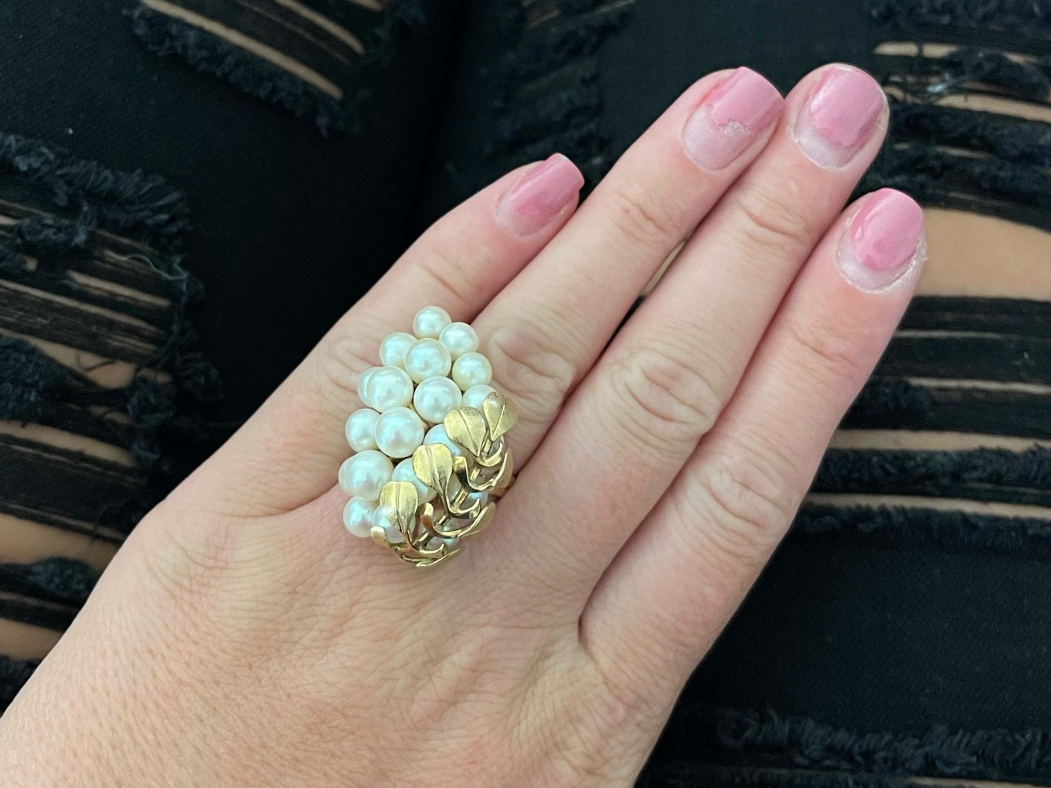 Mings Large Akoya Pearl Leaf Ring in 14k Yellow Gold