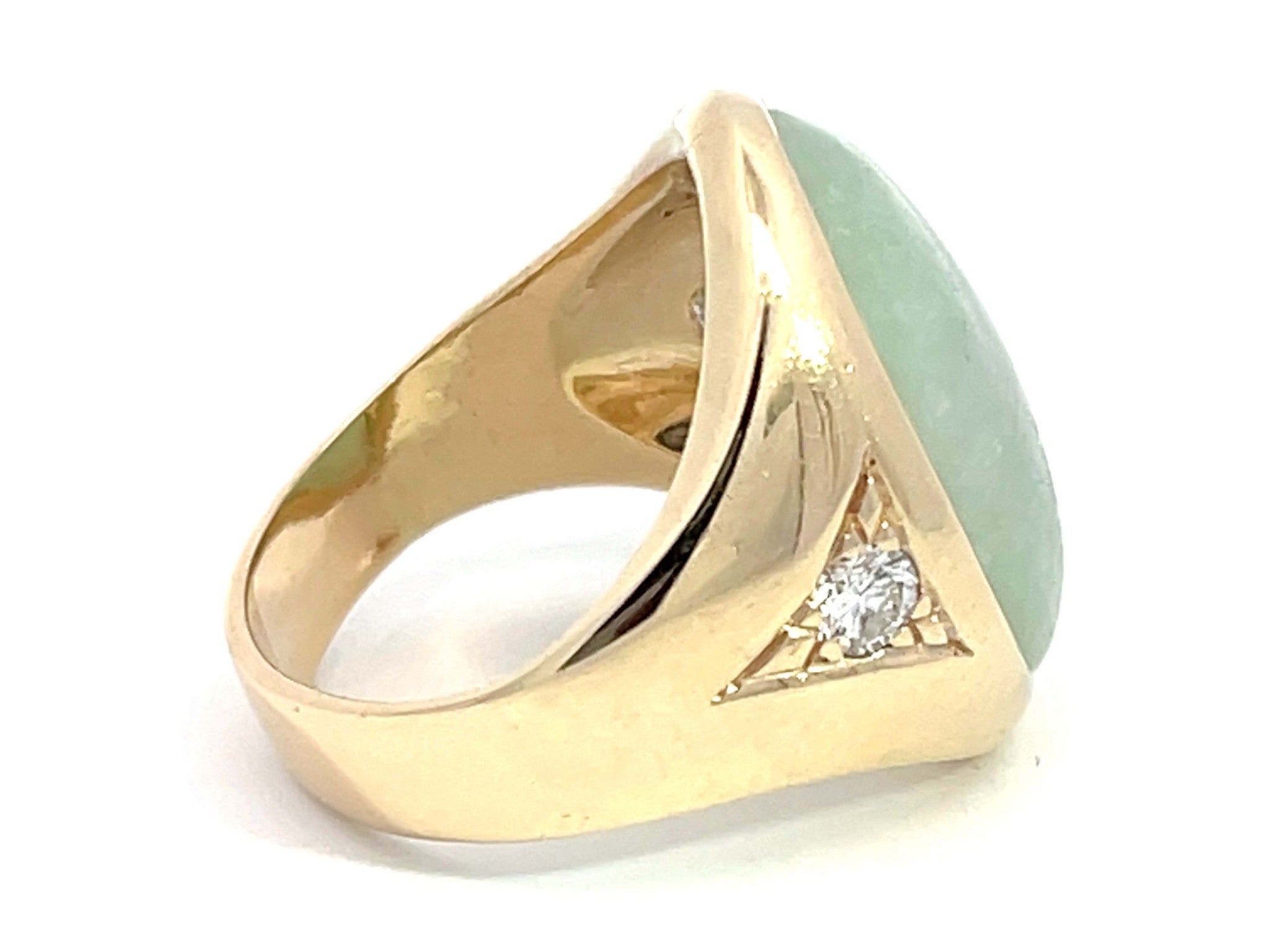Oval Cabochon Pale Green Jade and Diamond Ring in 14K Yellow Gold