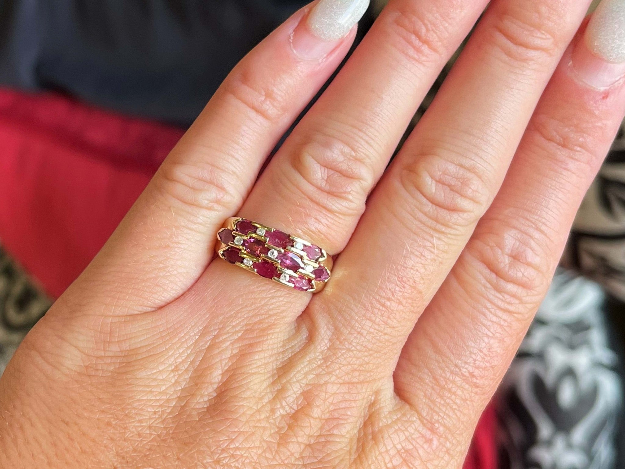 Multi Red Ruby and Diamond Band Ring in 14k Yellow Gold