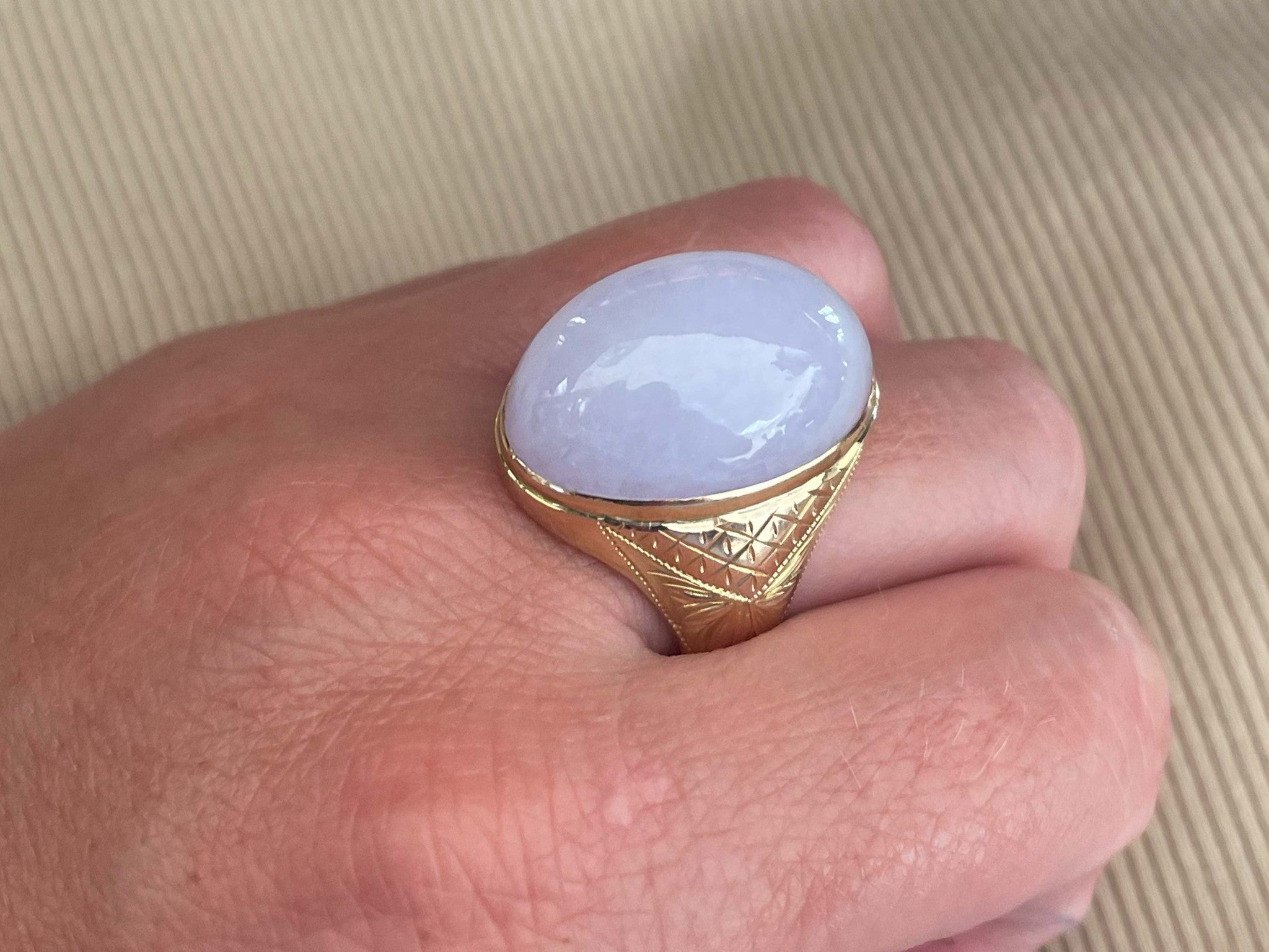 49 Carat Lavender Jade Double Cabochon Ring in 14k Yellow Gold