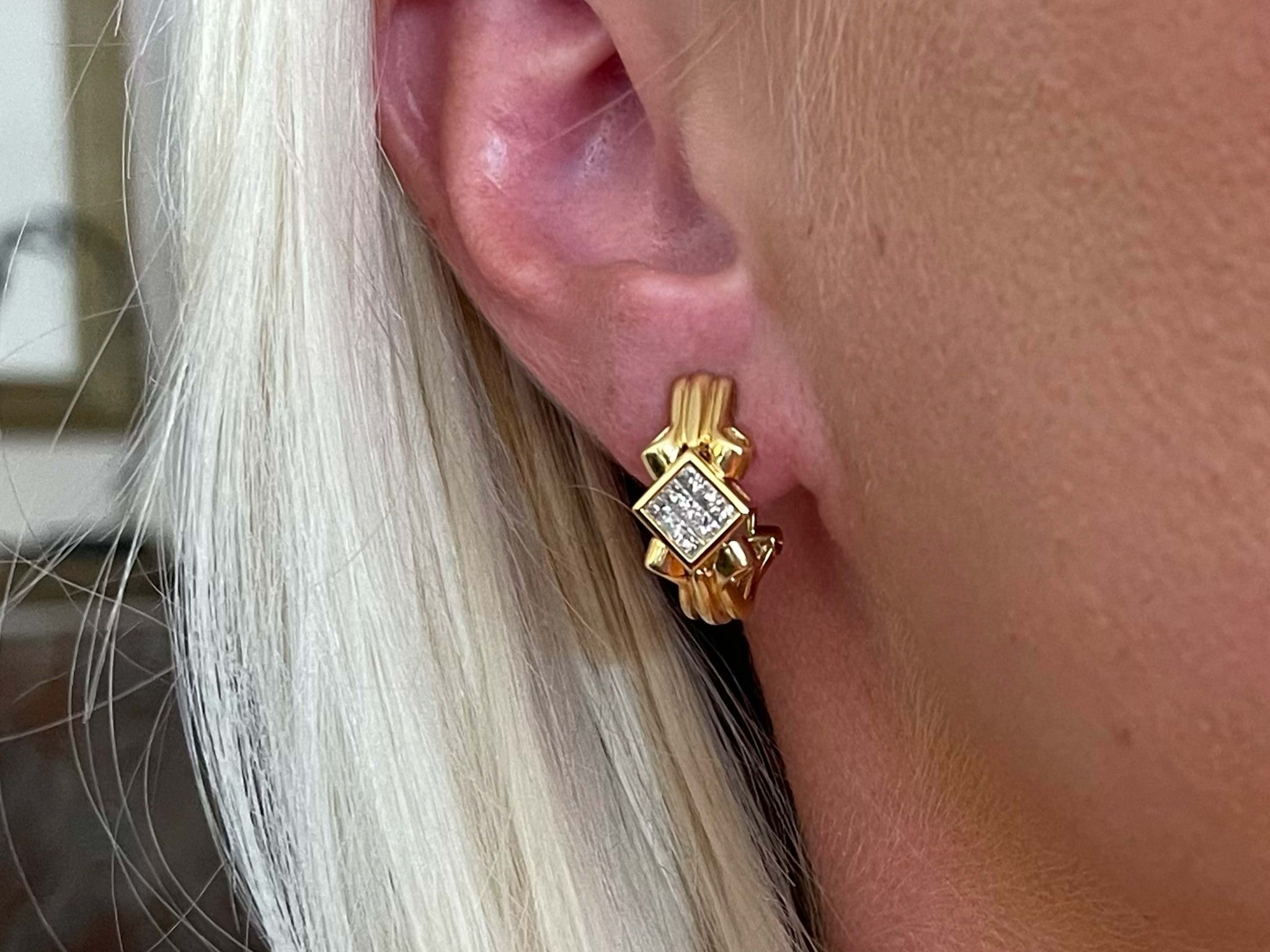 Princess Cut Diamond Huggie Earrings in 18k Yellow Gold