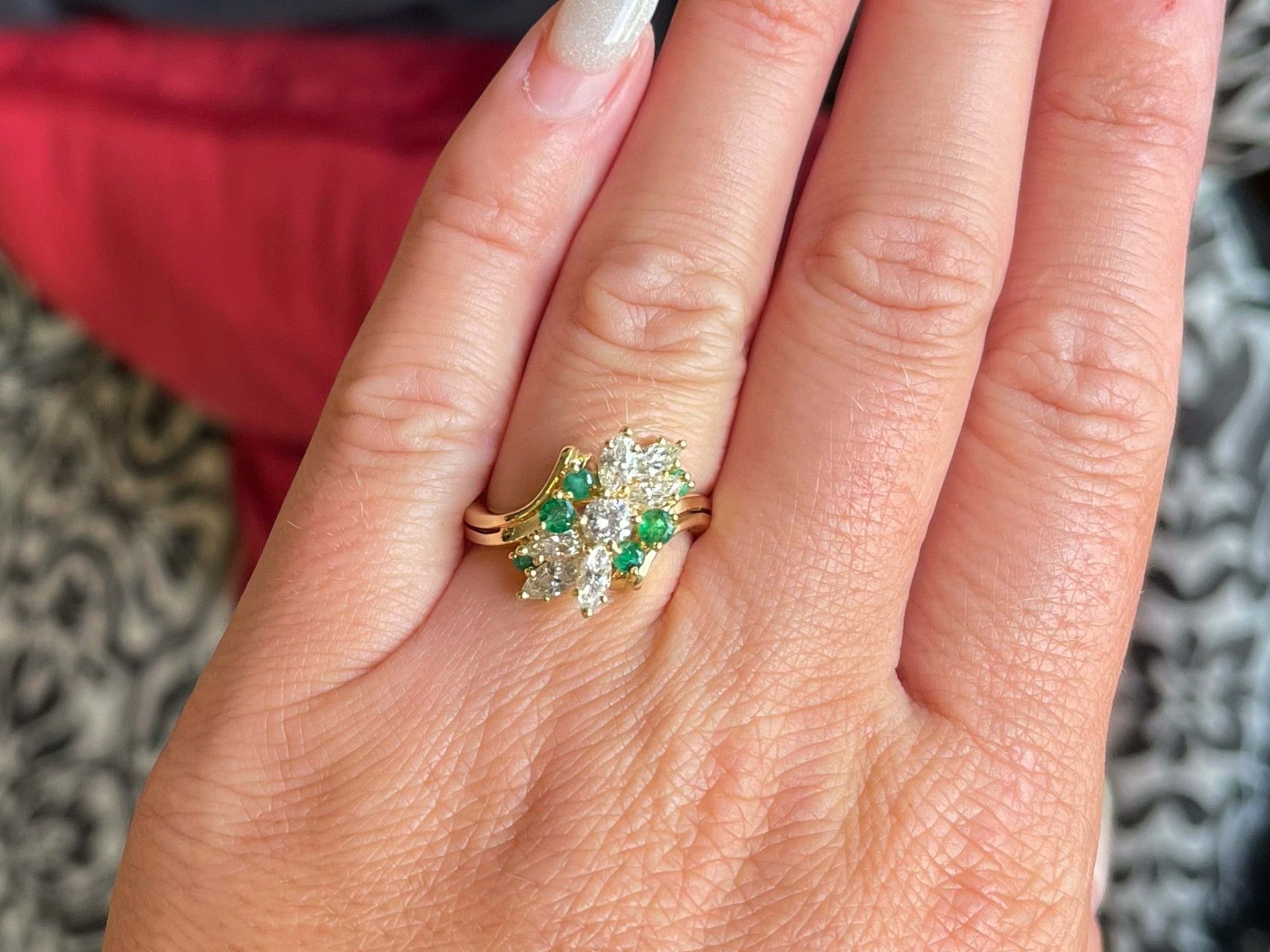 Green Emerald and Diamond Waterfall Ring in 18k Yellow Gold