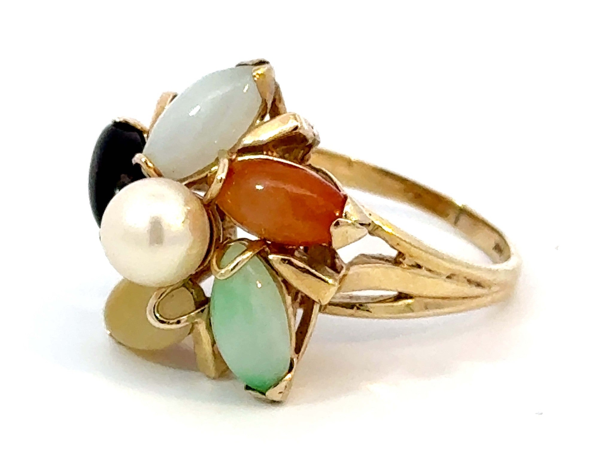Multi Colored Jade Flower and Pearl Center Ring 14K Yellow Gold