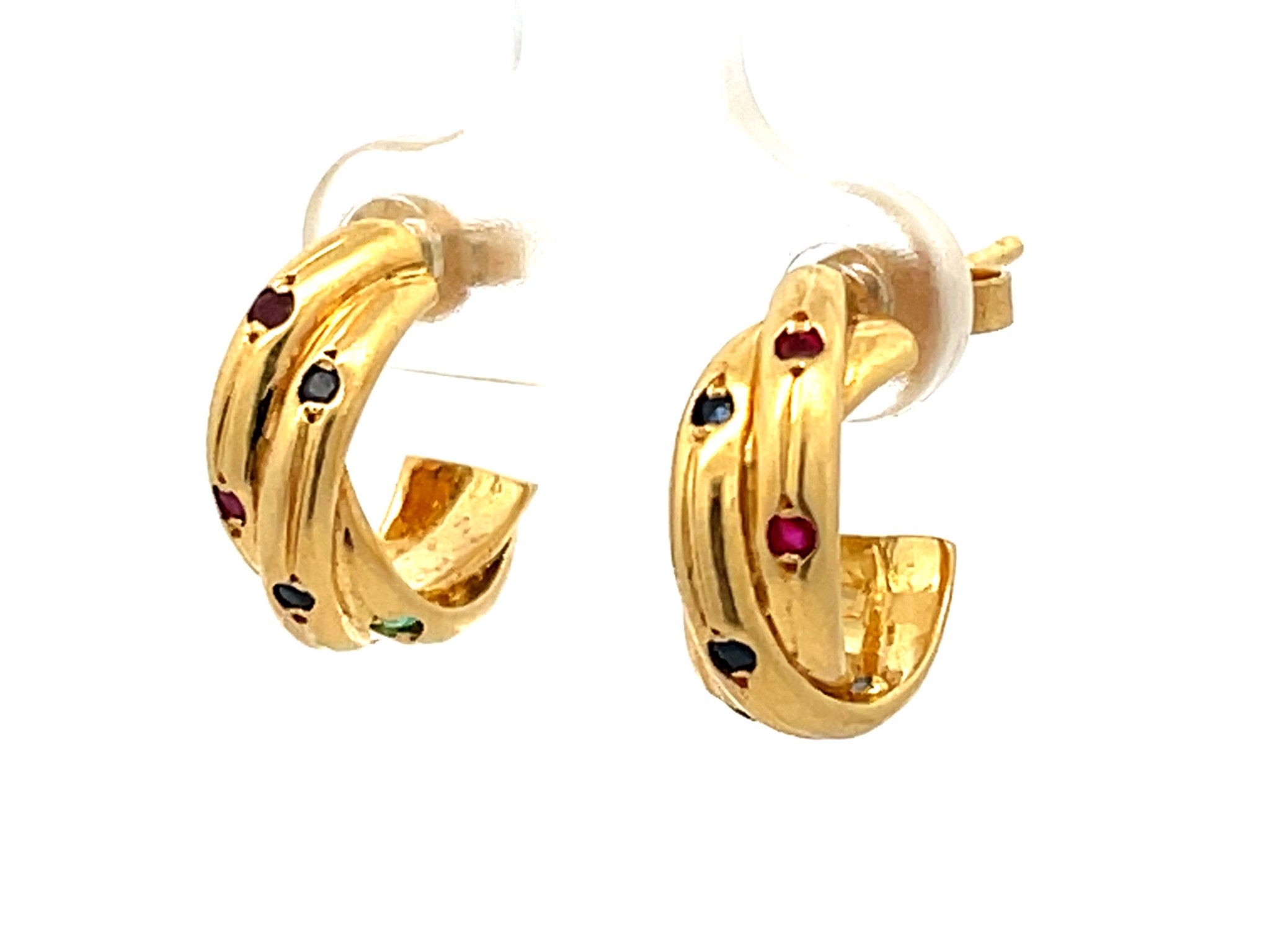 Ruby Sapphire and Emerald Studded Hoop Earrings in 18k Yellow Gold