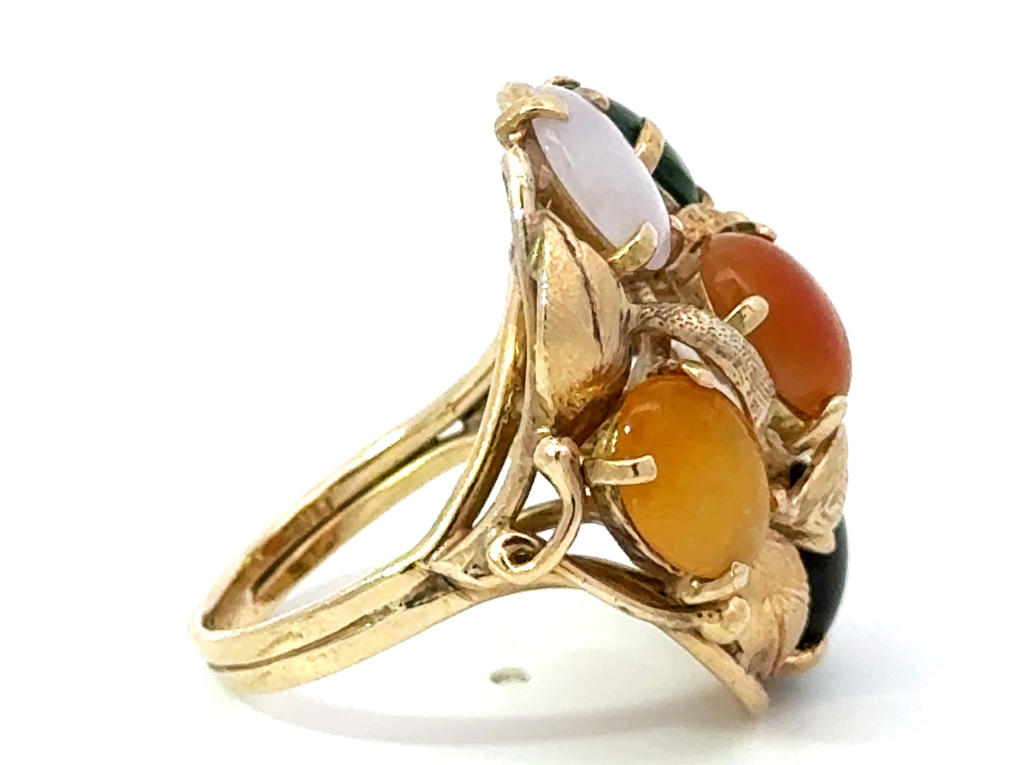 Multi Colored Jade Leaf Ring 14K Yellow Gold