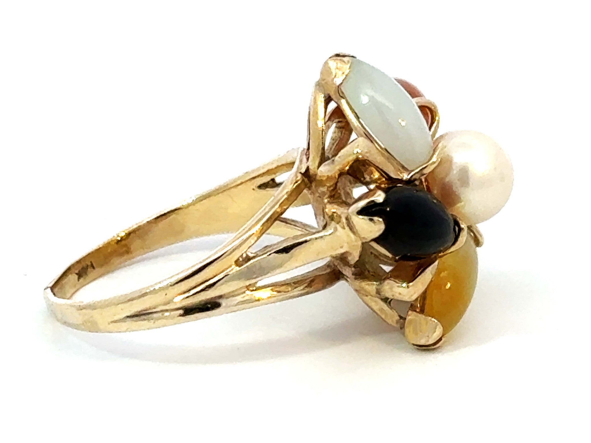 Multi Colored Jade Flower and Pearl Center Ring 14K Yellow Gold