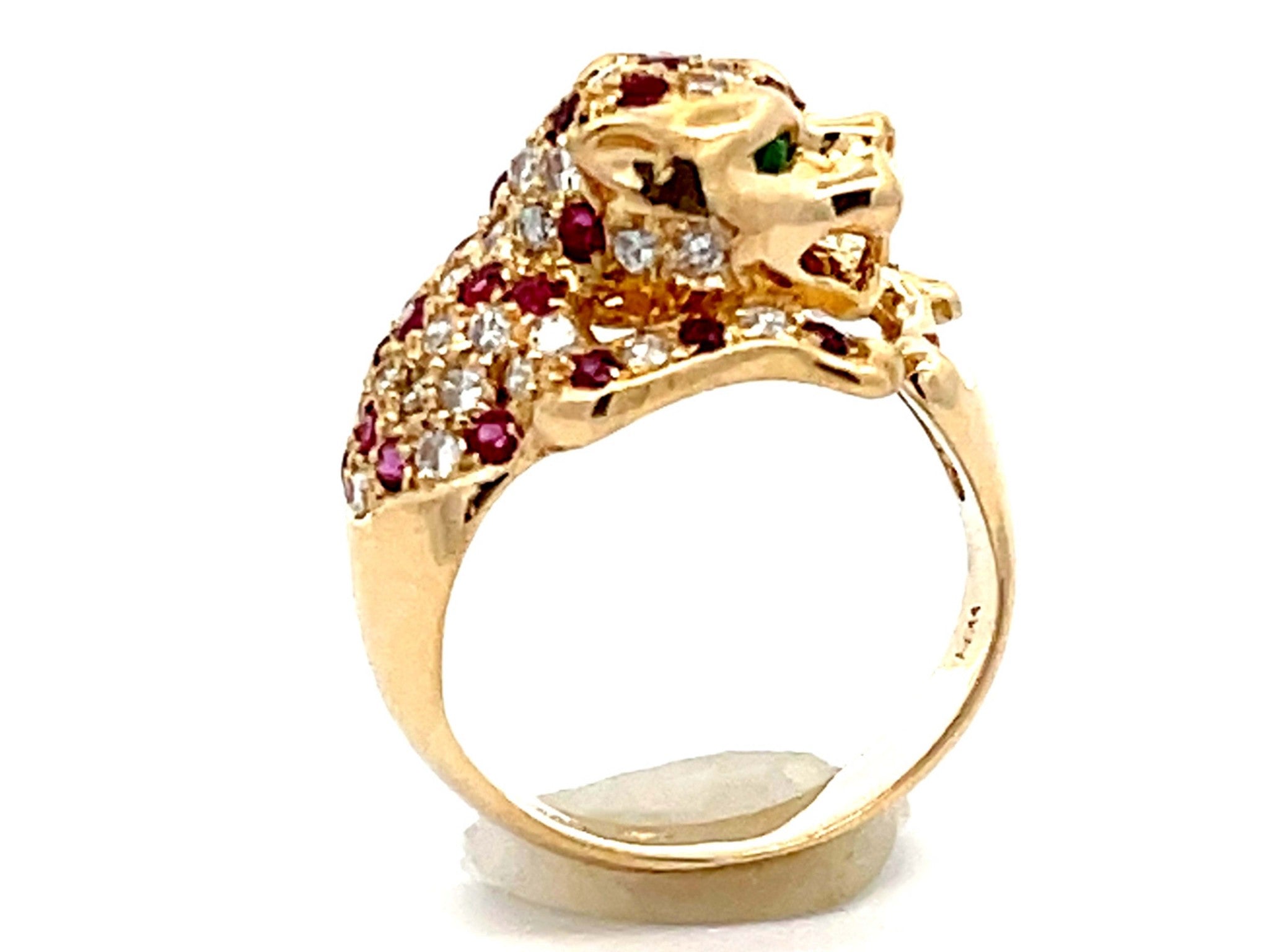 Ruby Diamond Emerald Eye Jaguar Ring 14k Yellow Gold