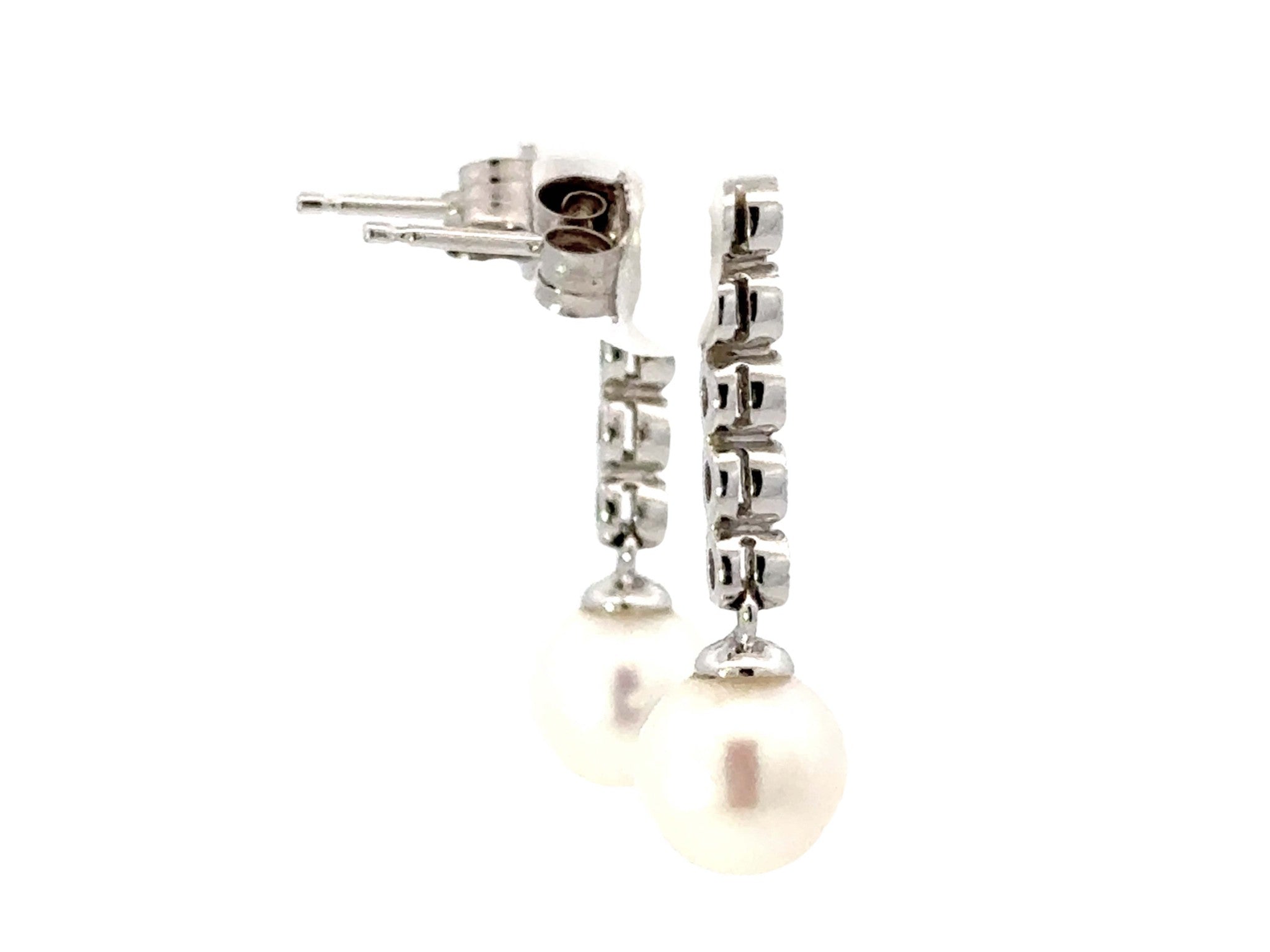 Dangly Diamond Pearl Drop Earrings 14K White Gold