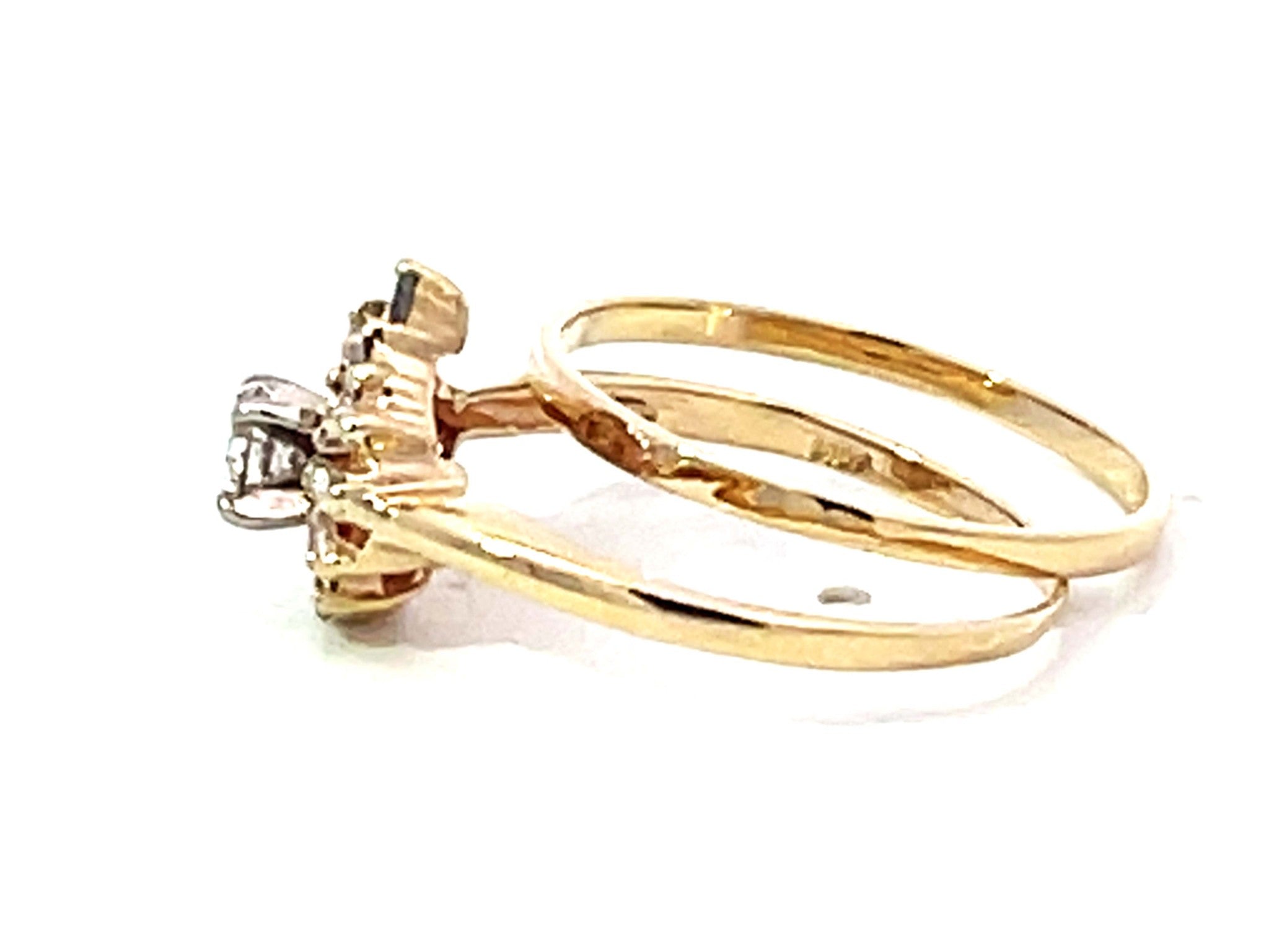 Diamond Flower Double Band Ring Solid 14K Yellow Gold