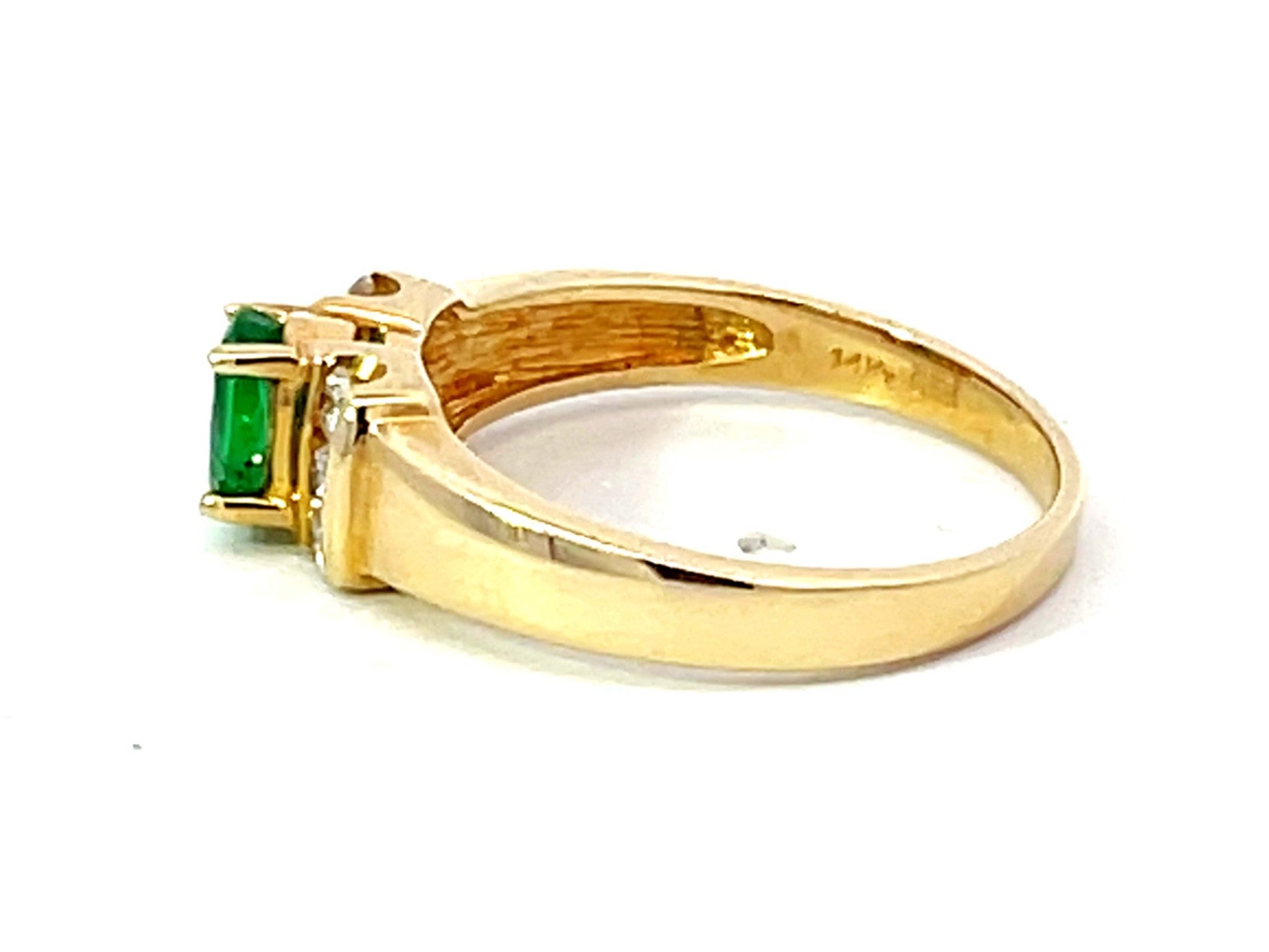 Oval Green Emerald and 6 Diamond Stackable Ring in 14k Yellow Gold