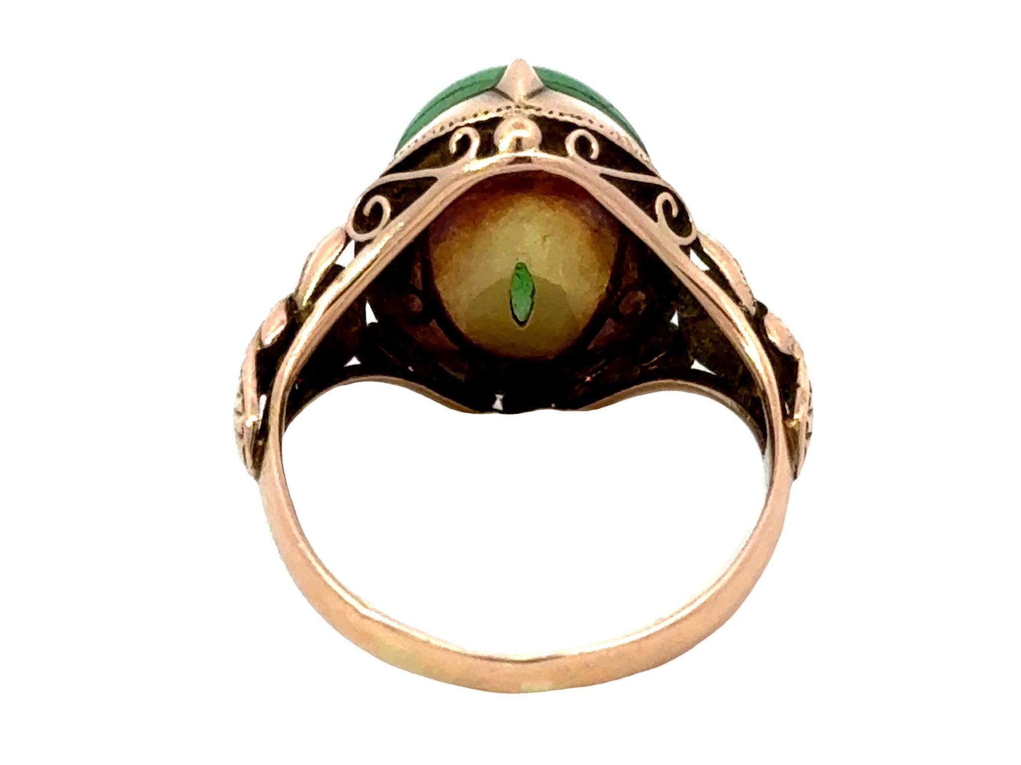 Vintage Green Jade Oval Cabochon Ring 14K Rose Gold