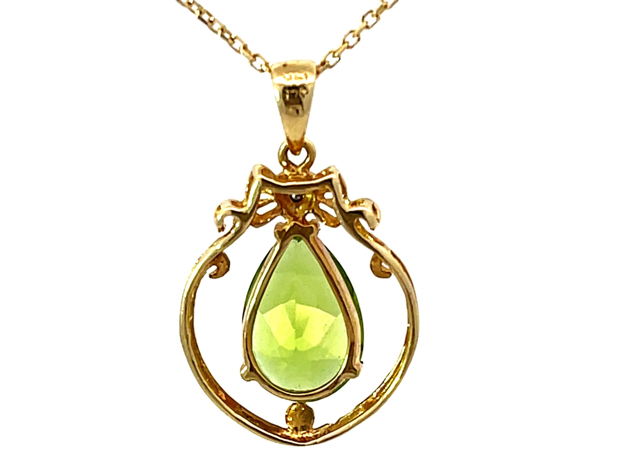 Peridot Diamond Solid 14K Yellow Gold Pendant Necklace