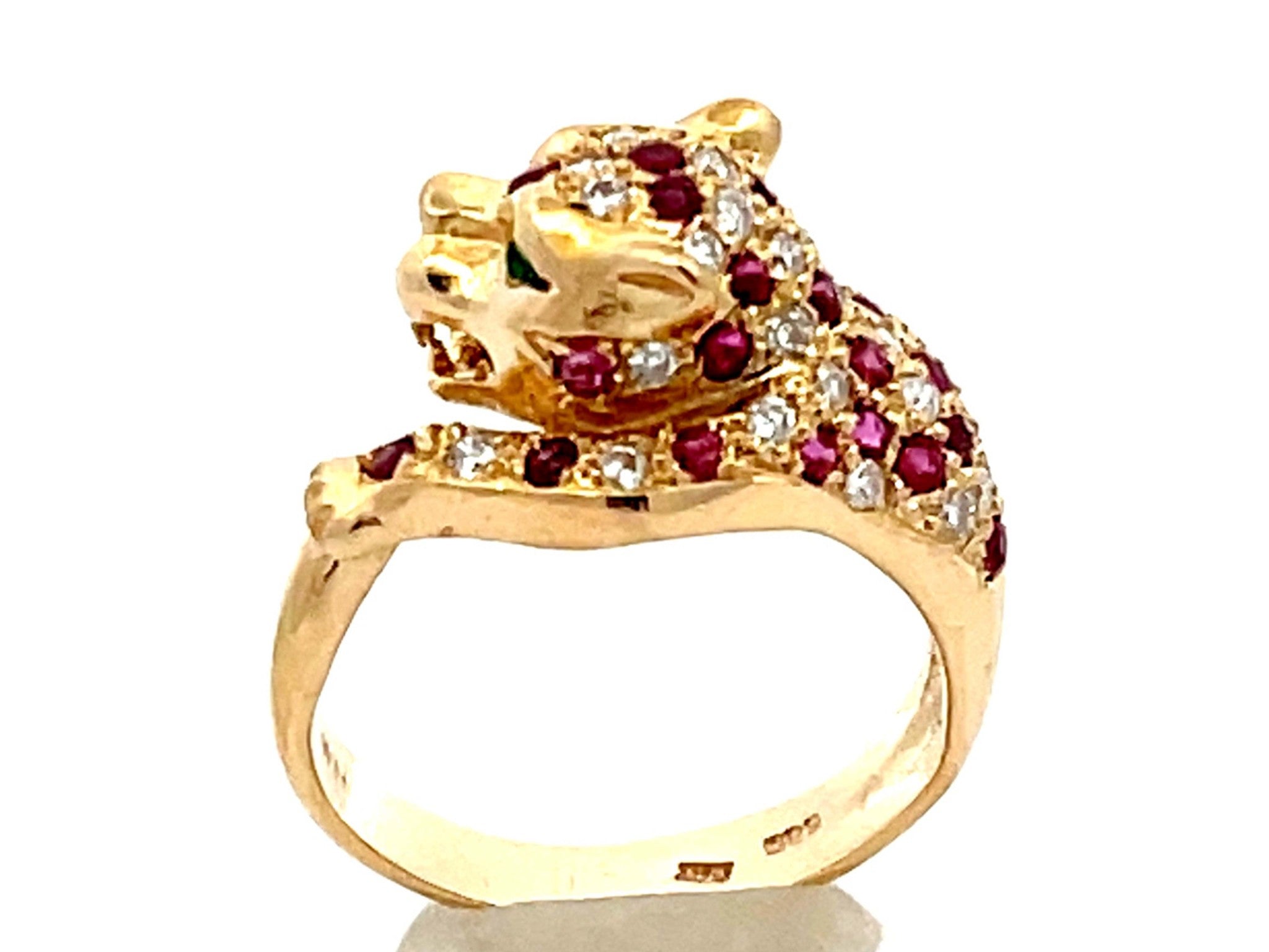 Ruby Diamond Emerald Eye Jaguar Ring 14k Yellow Gold