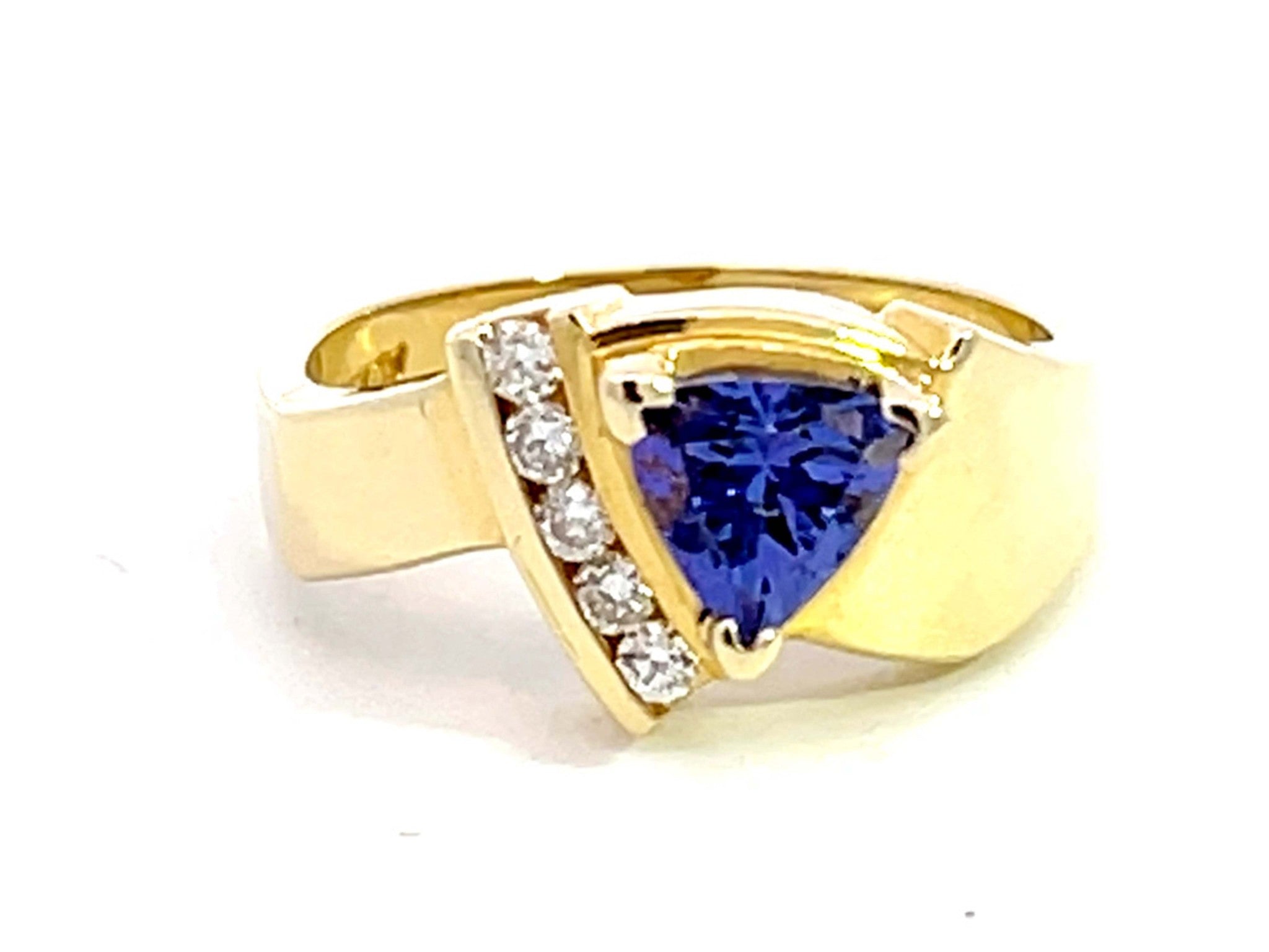 Trillion Blue Purple Tanzanite and 5 Diamond Ring in 14k Yellow Gold