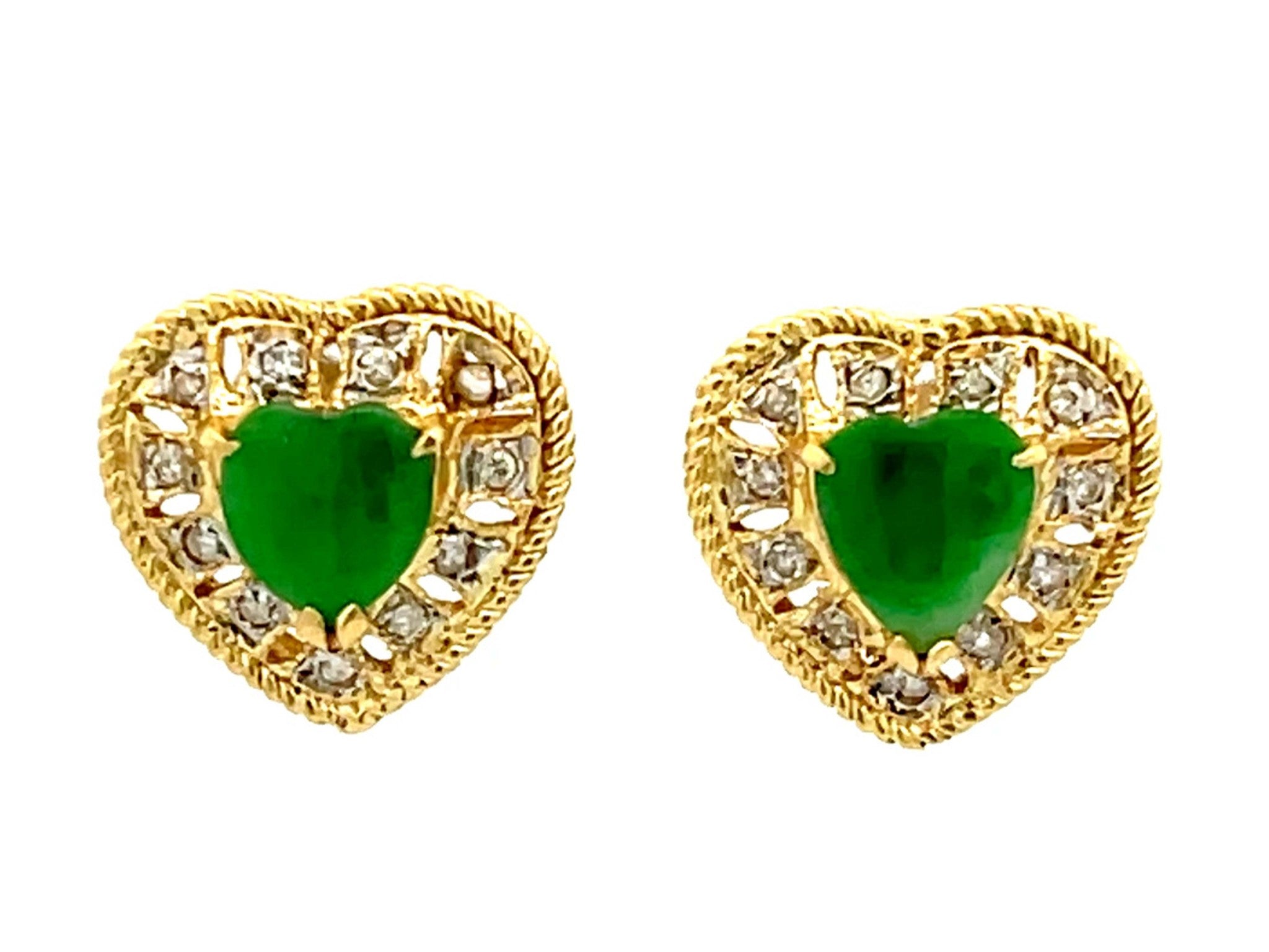 Green Apple Jade Heart Shaped Earrings with Diamond Halos in 18K Yellow Gold