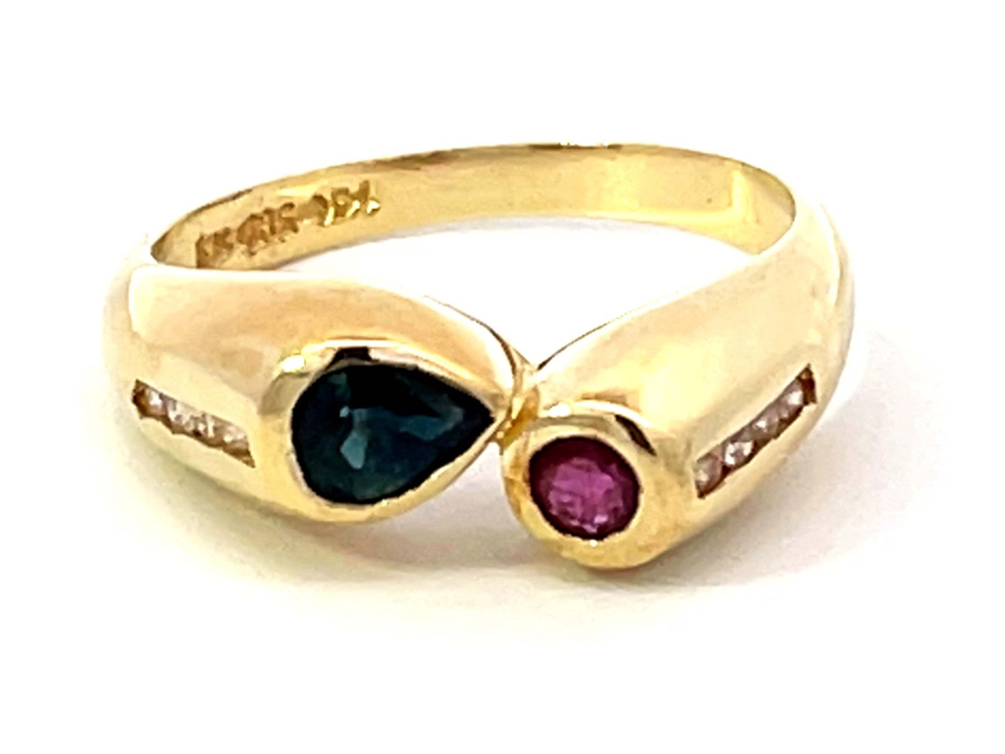 Blue Sapphire Red Ruby Diamond Ring 14k Yellow Gold