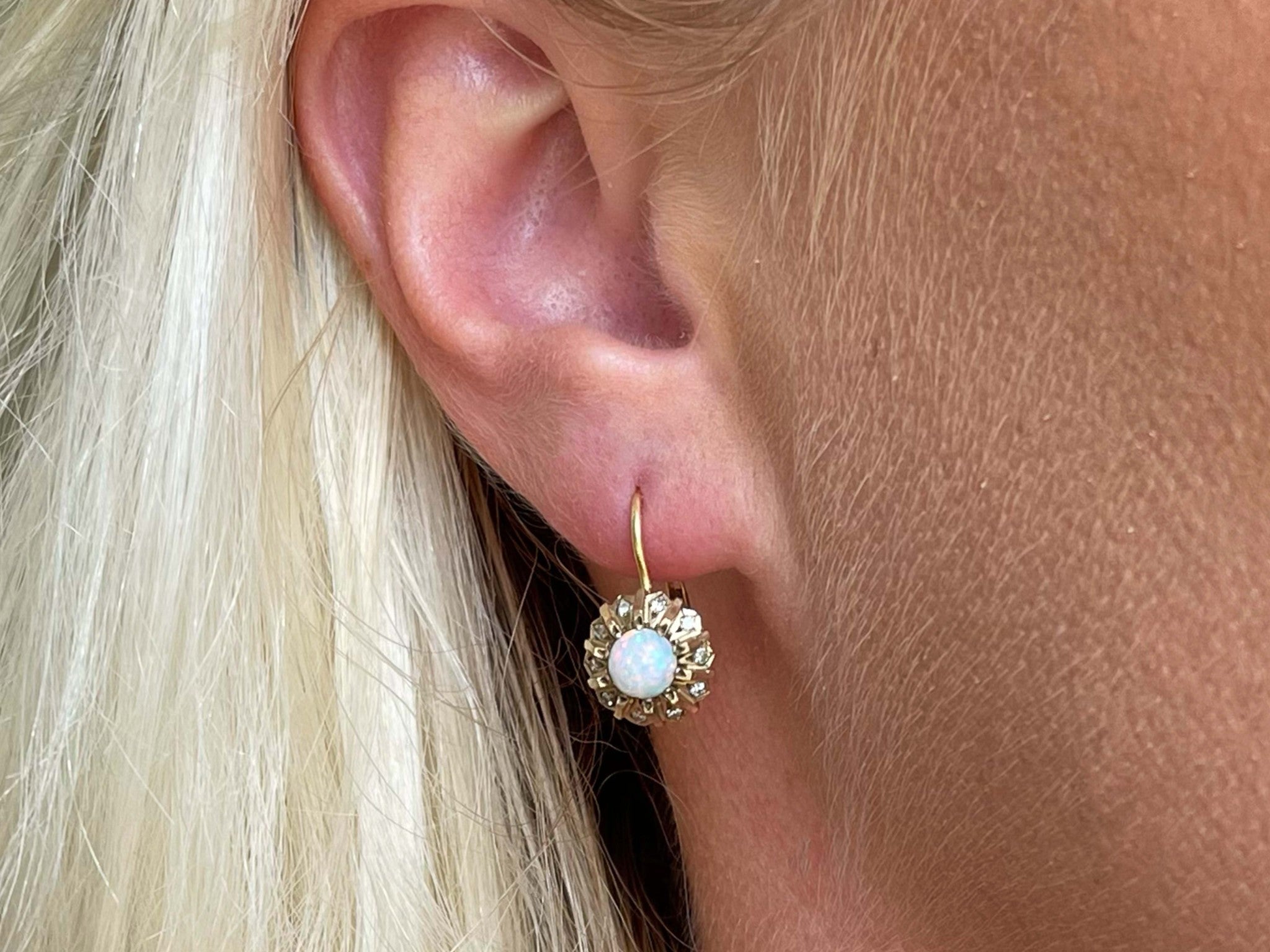 100 Year Old Antique Opal Diamond Earrings 14k Yellow Gold