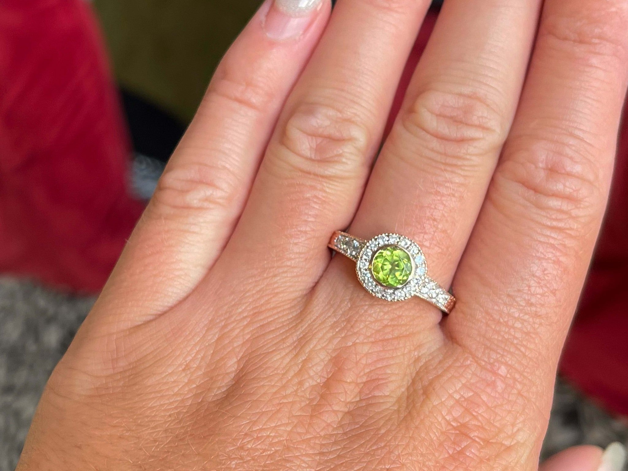 Round Green Peridot and Diamond Halo Ring in 14k Pink Gold