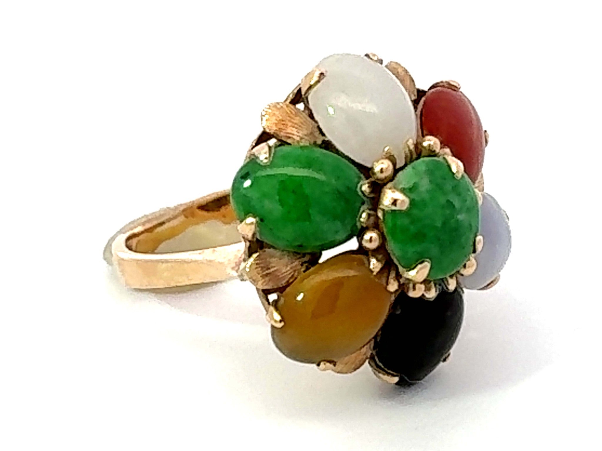 Multi Colored Jade Flower Ring 14K Yellow Gold