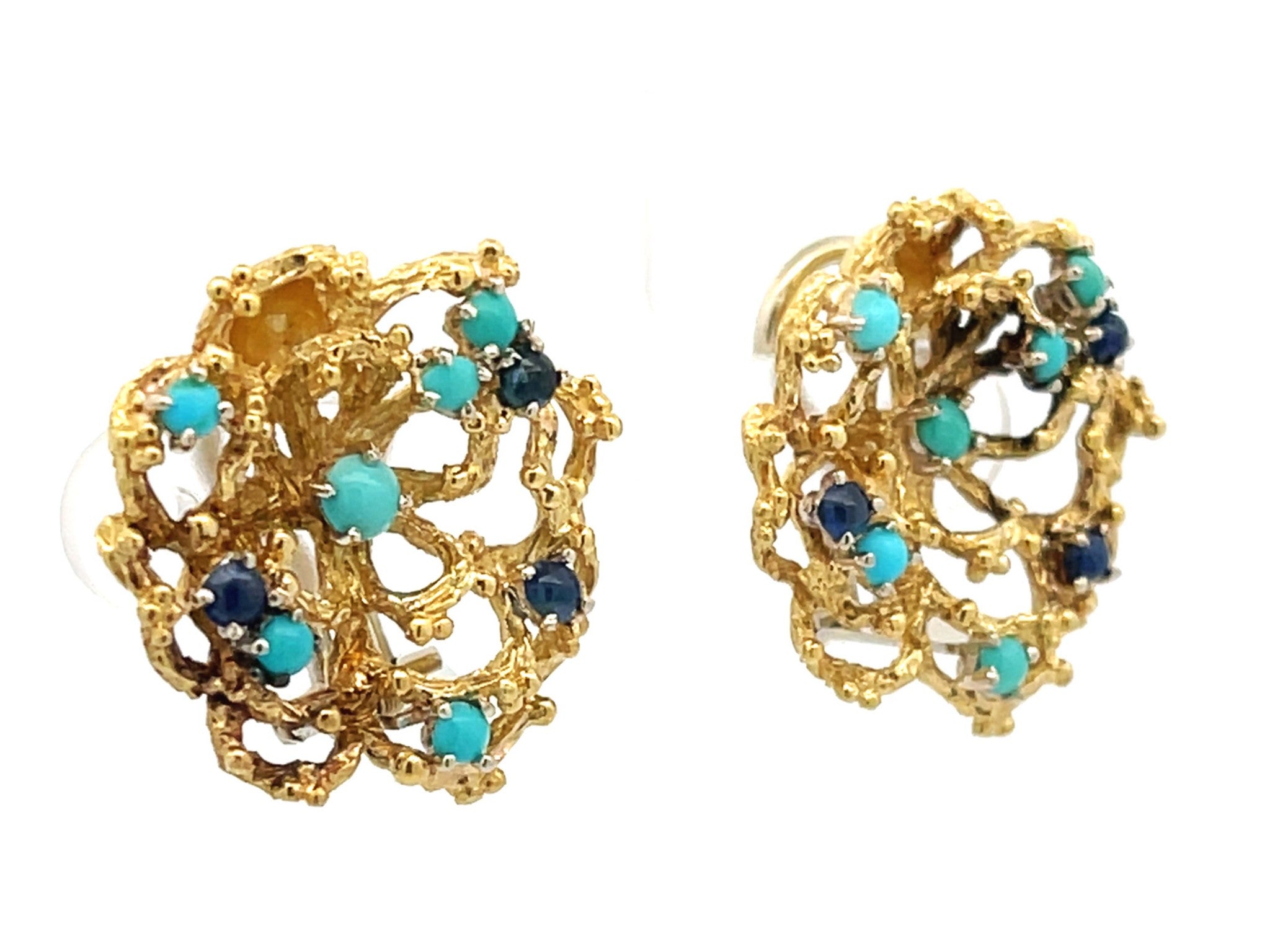 Wavy Flower Earrings with Cabochon Sapphires and Turquoises in 18K Yellow Gold