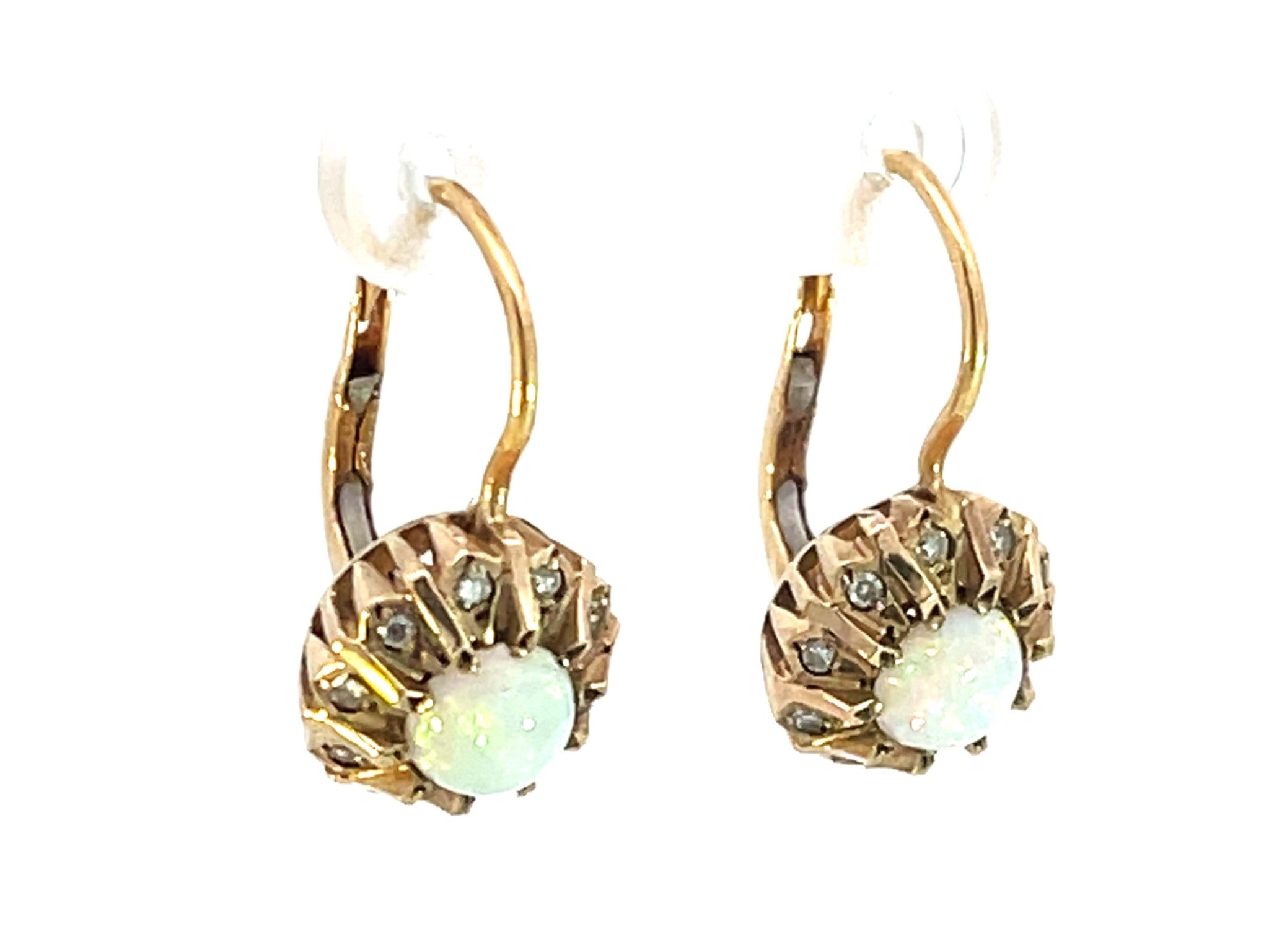 100 Year Old Antique Opal Diamond Earrings 14k Yellow Gold
