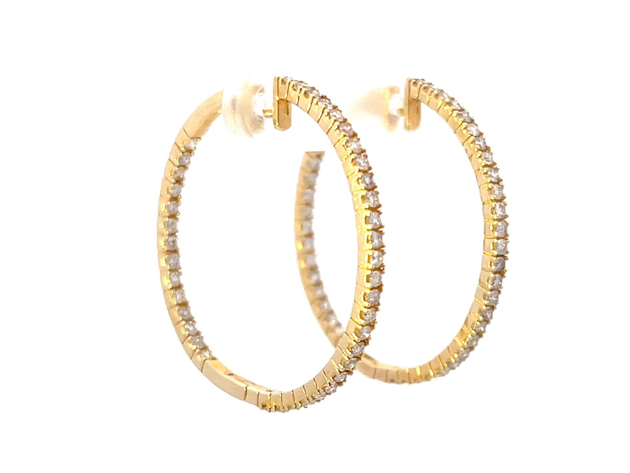 14K Solid Yellow Gold Diamond Hoop Earrings