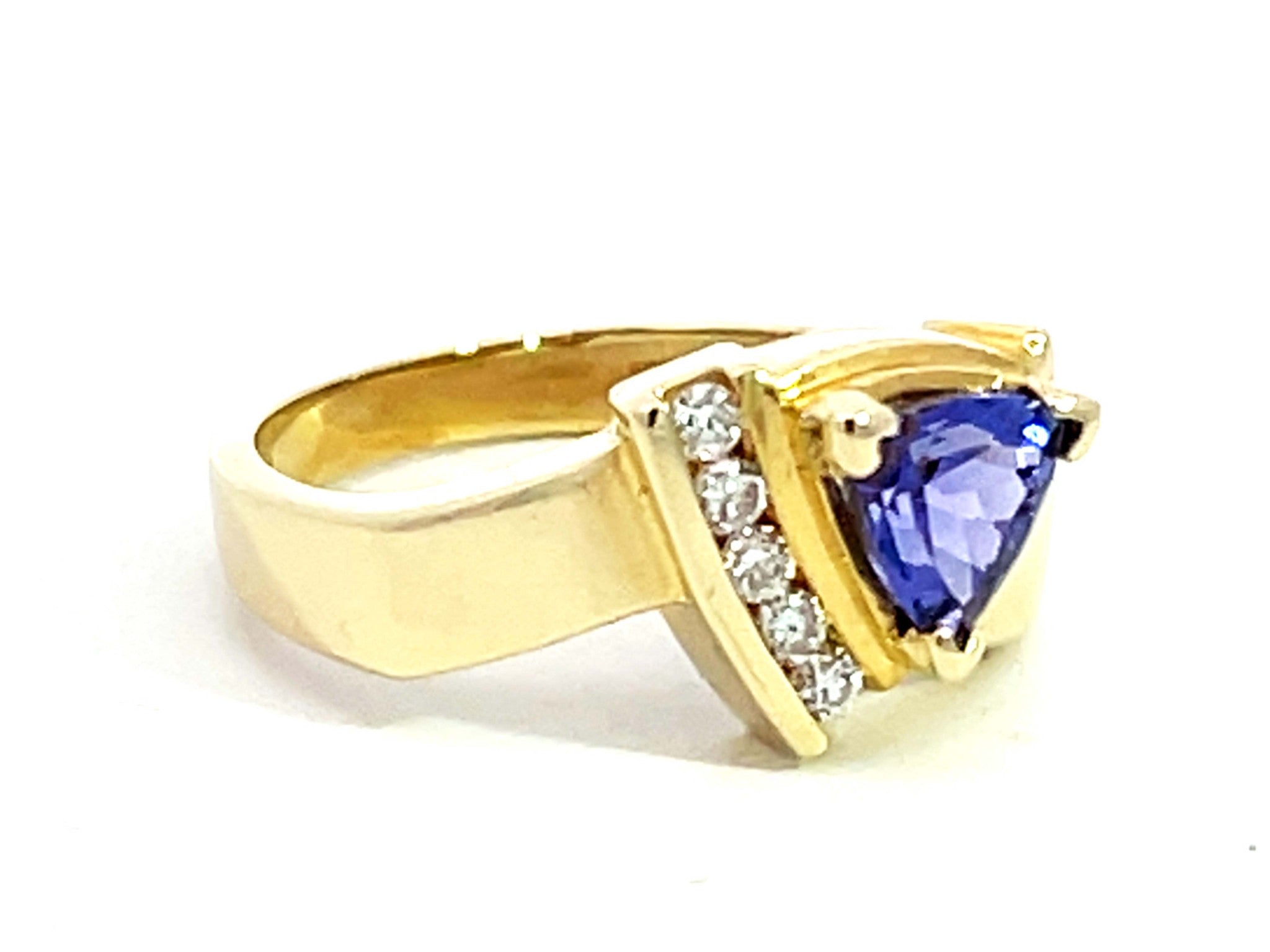 Trillion Blue Purple Tanzanite and 5 Diamond Ring in 14k Yellow Gold